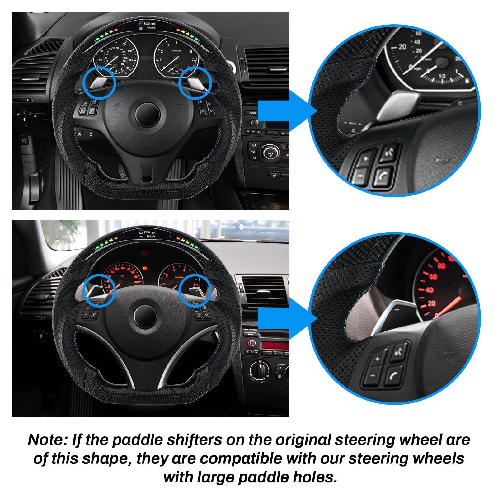 Carbonfaser-Lenkrad, Lederlenkrad D-Form Flachboden LED Schaltanzeige Lenkrad für BMW M Sport 1/3 Serie M3/E88 E90 E91 E92 E93 2005-2012