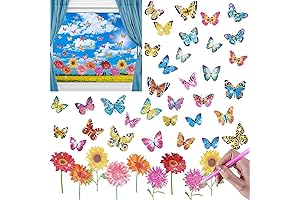 Tenceur 44 Pcs Butterfly Flower Diamond Painting Stained Glass Window Clings Kits