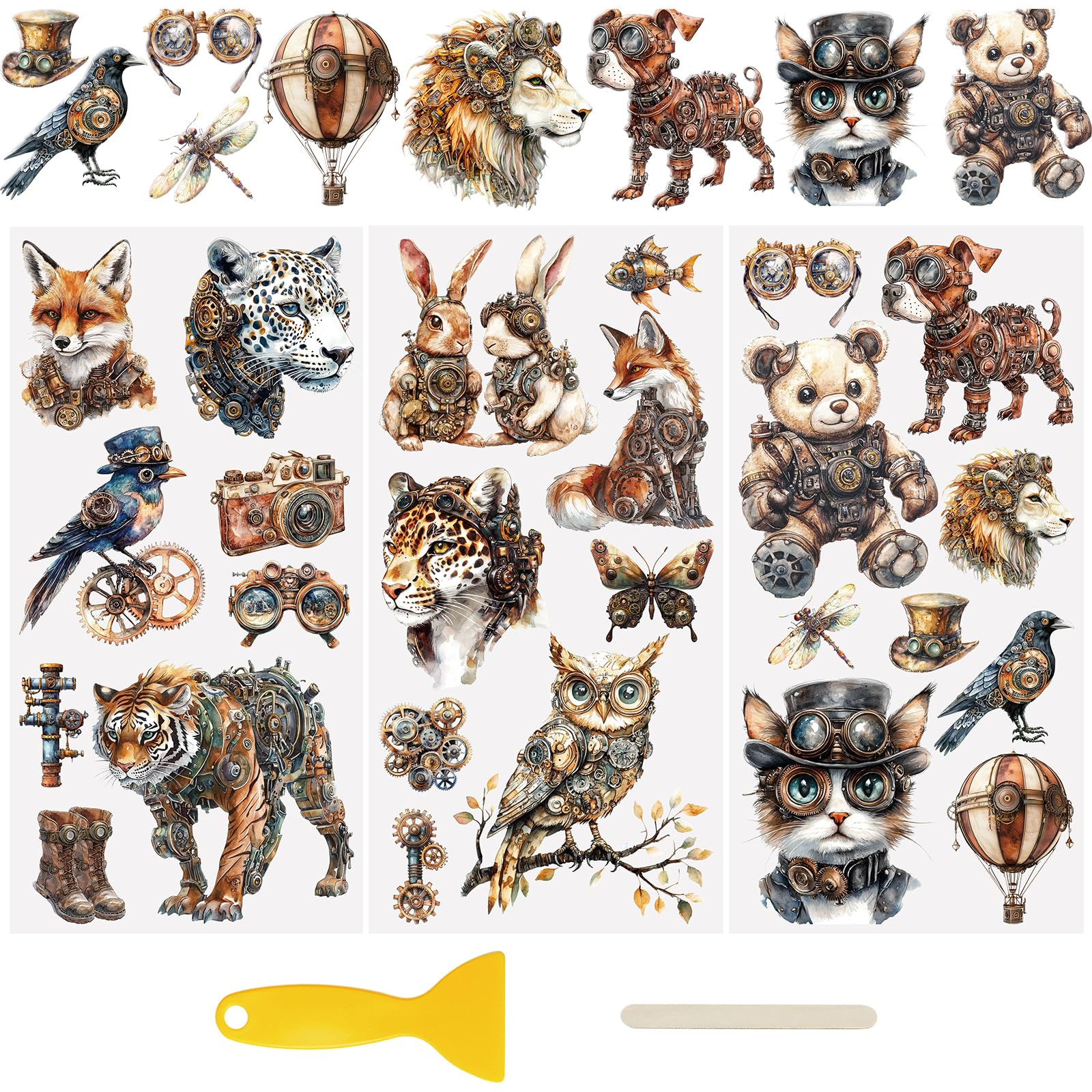 WANDIC 3 Sheets UV DTF Cup Warp Rub on Transfer Stickers, Retro Punk Animal Theme 3D Waterproof Decals for DIY Glass Water Bottle Furniture Crafts,15 * 30cm