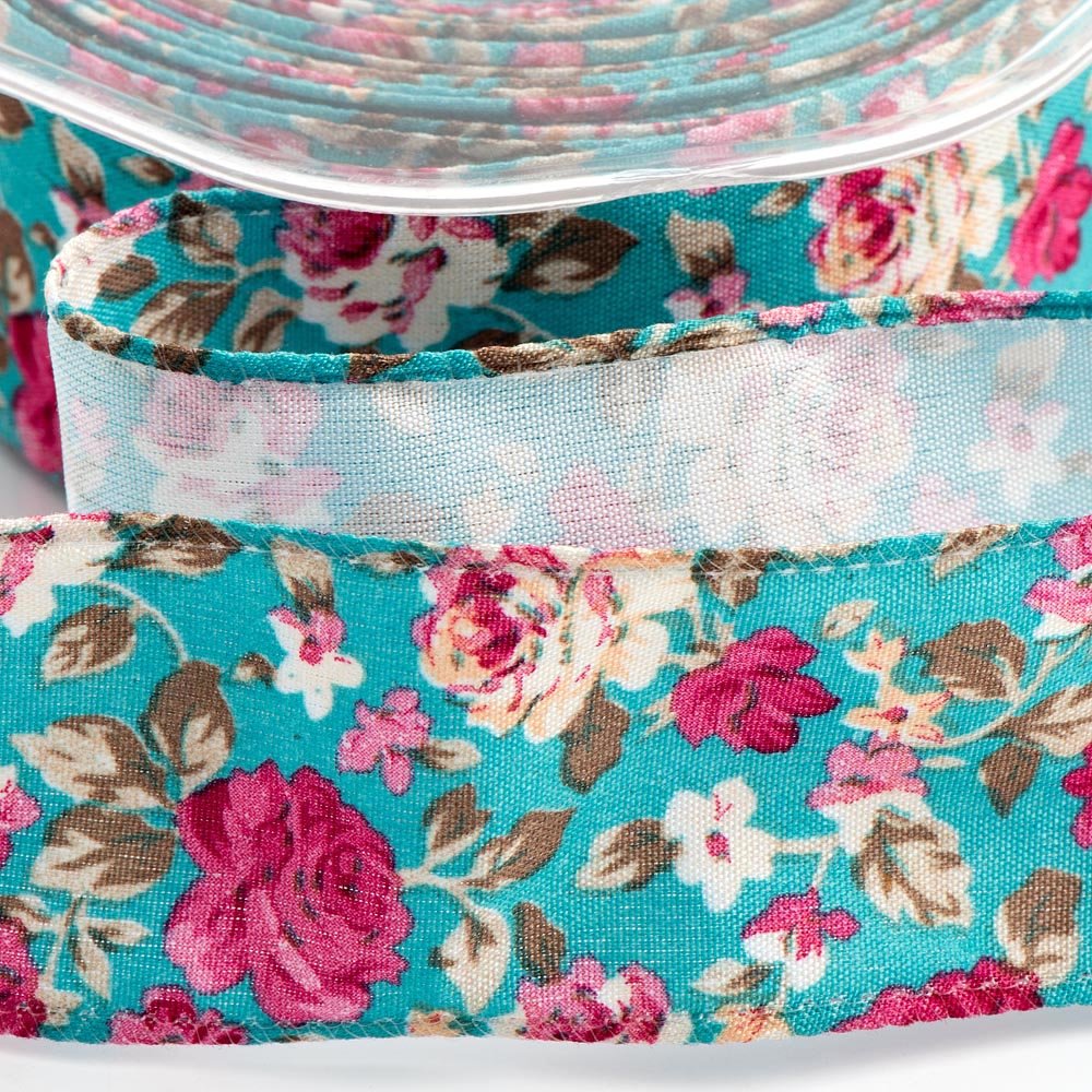 Italian Options Vintage Floral Rose Print Ribbon, 38mm x 10 Metres, Blue