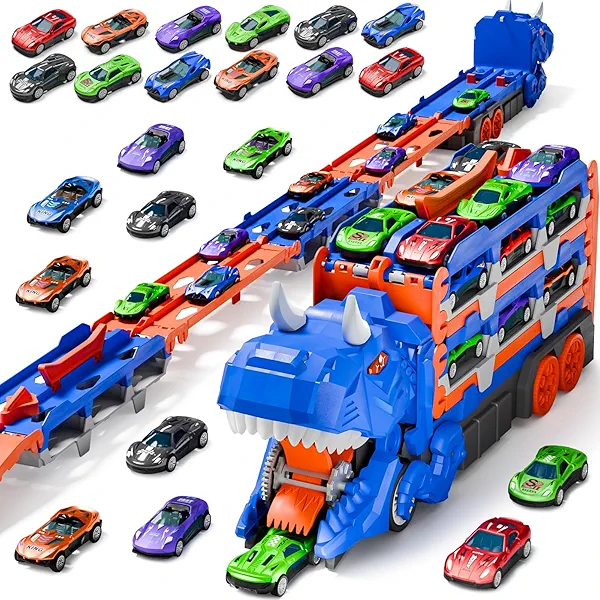 Vanvimen Toddler Car Truck Toys Gifts for 3 4 5 Years Old Boys, Toy Cars Track Set Dinosaur Transport Truck with 12 Pcs Die-Cast Cars Toys, Transforms into Dino, Toy Gifts for 3 4 5 6 Year Old Boys