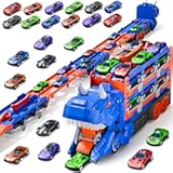 Toddler Car Truck Toys Gifts for 3 4 5 Years Old Boys&comma; Toy Cars Track Set Dinosaur Transport Truck with 12 Pcs Die-Cast Cars Toys&comma; Transforms into Dino&comma; Toy Gifts for 3 4 5 6 Year Old Boys