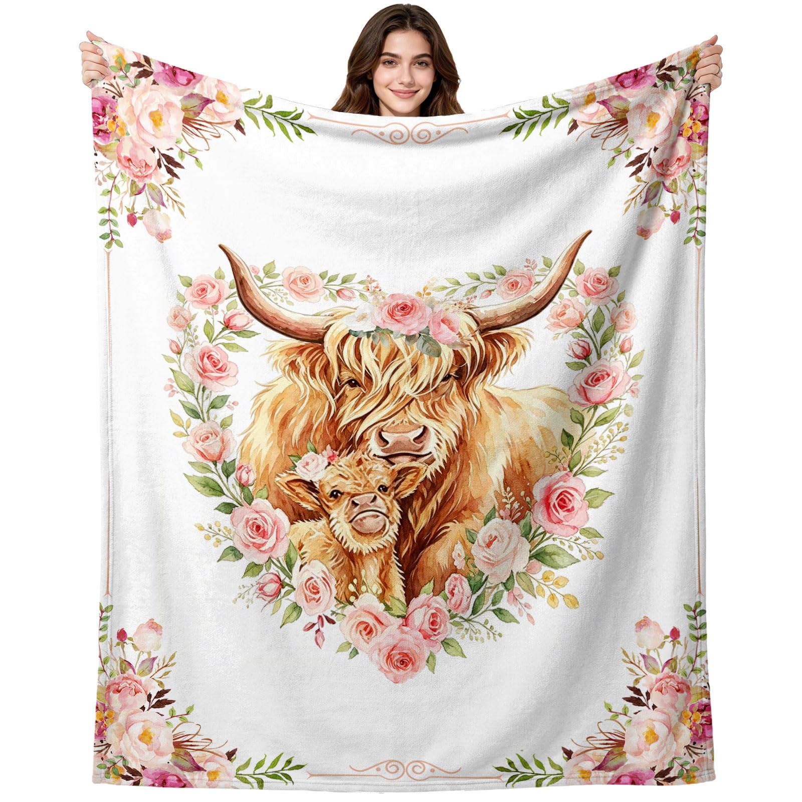 Highland Cow Throw Blanket, 40'' X 50'' Pink Floral Ultra Soft Cozy Fleece Plush Warm Flannel Scottish Cow Flannel Blanket, Lightweight Warm Cute Rustic Farm Cow Print Blanket for Couch Bed(White) — image 1