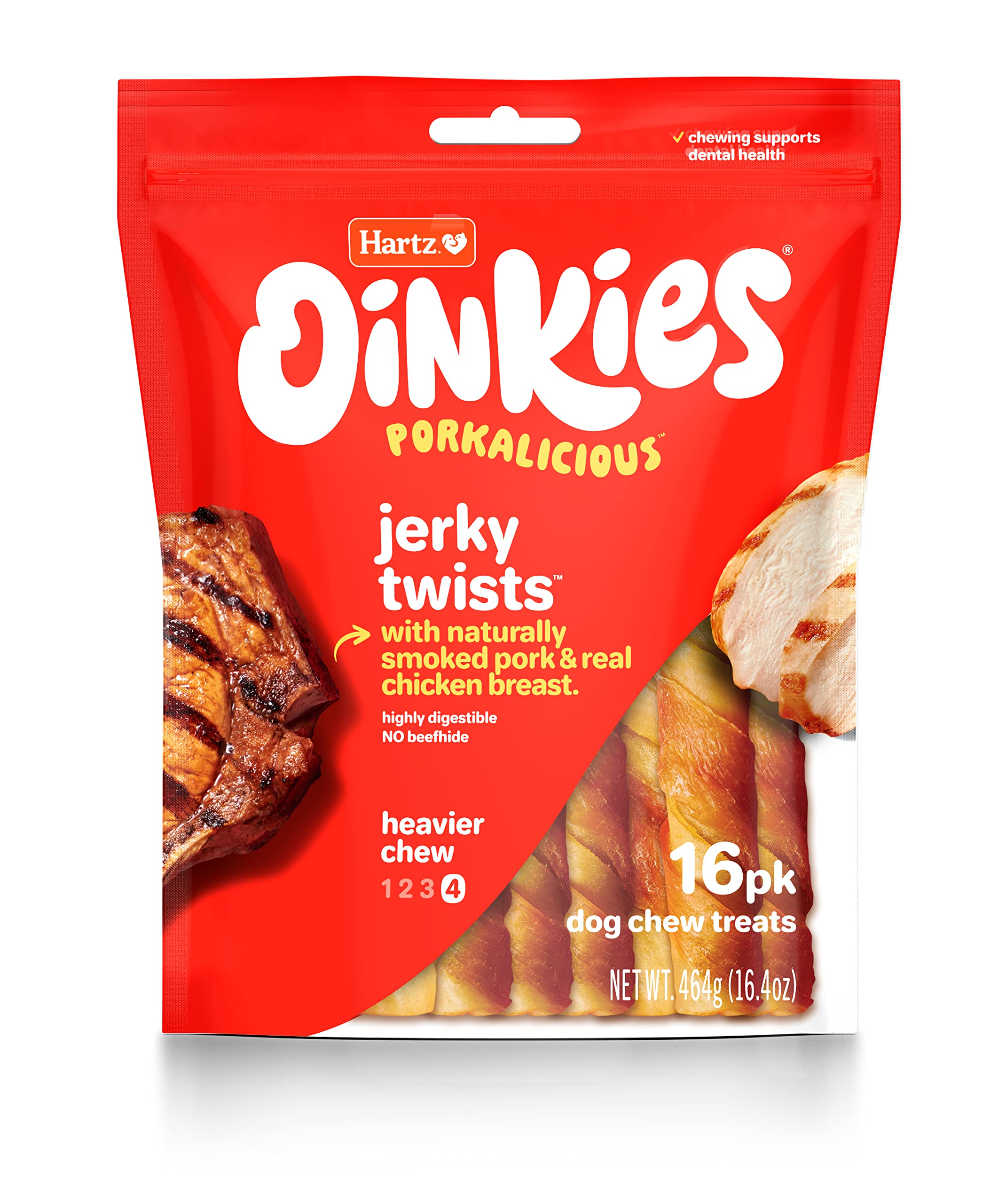 Hartz Oinkies Porkalicious Smoked Pig Skin Jerky Twists Dog Treats, 16pk
