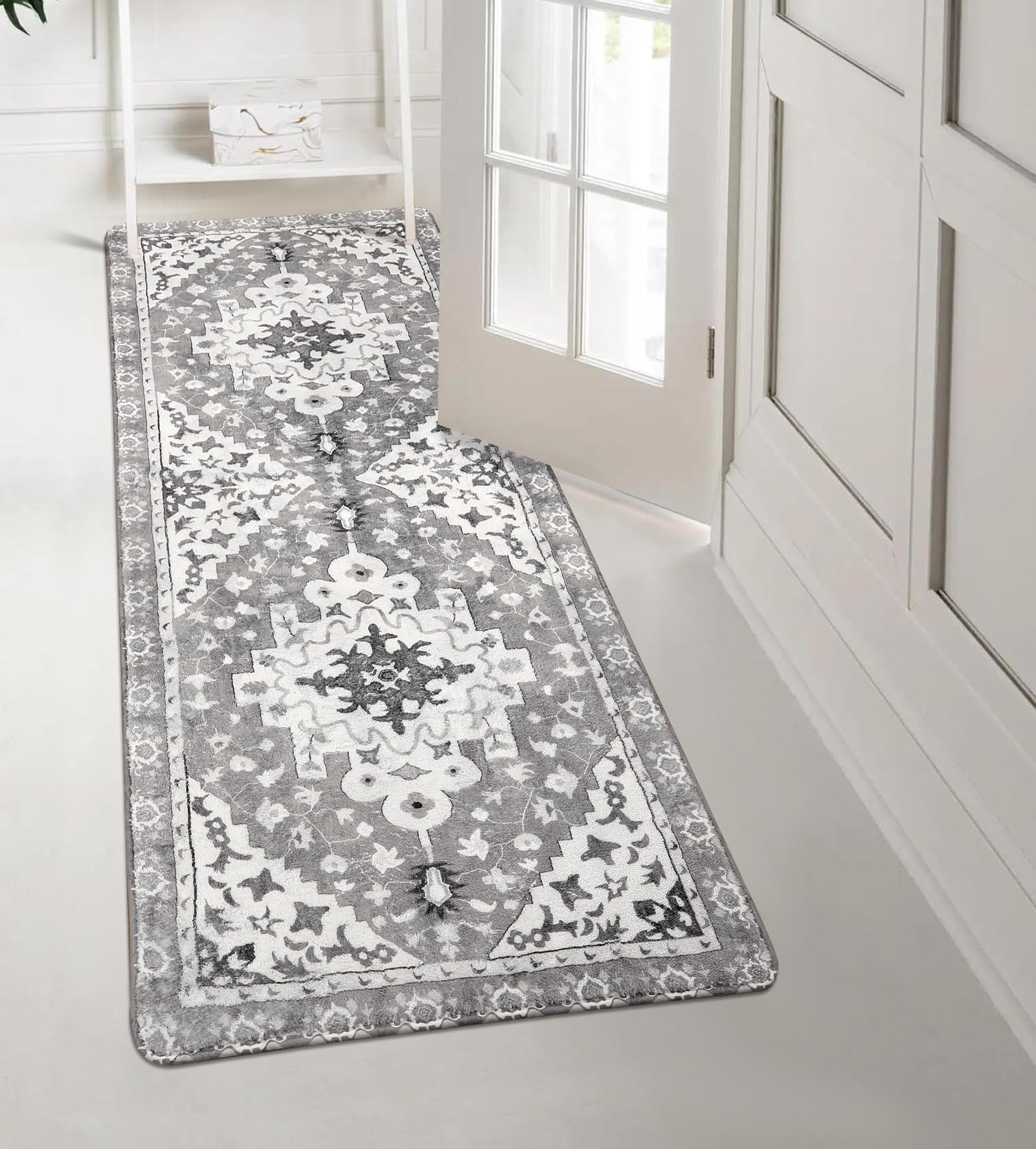 Uphome Boho Vintage Bathroom Runner Rug Gray Non-Slip Soft Bedroom Rug Machine Washable Oriental Hallway Rug Traditional Tribal Floral Floor Mats for