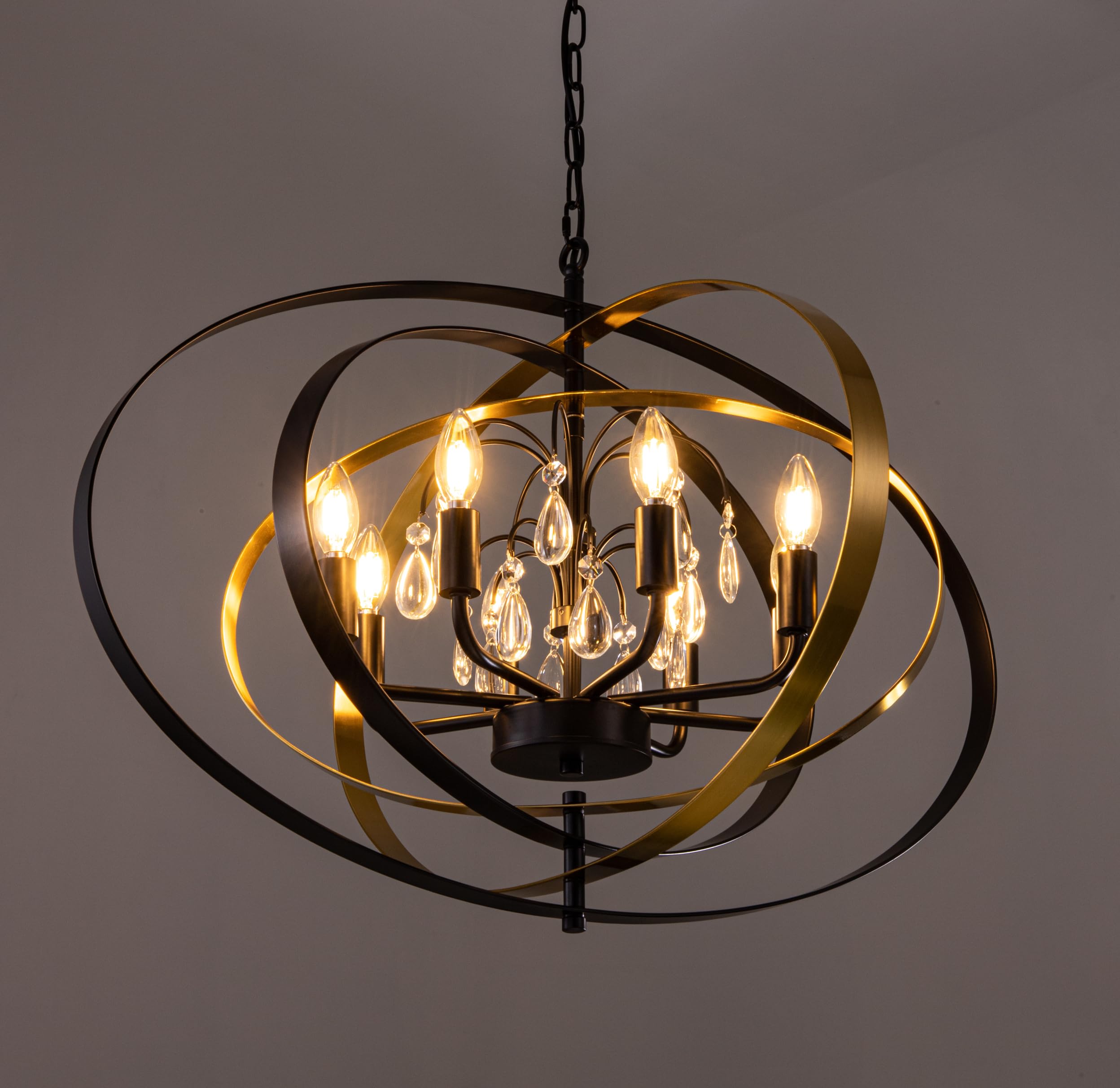 Wellmet Ring-Circle Black Gold Crystal Chandelier, 6-Light Crystal Pendant Light for Dining Room, 31'' Black Chandelier for Living Room, Bedroom, Kitchen, Hallway, Entryway, Foyer, Corridor