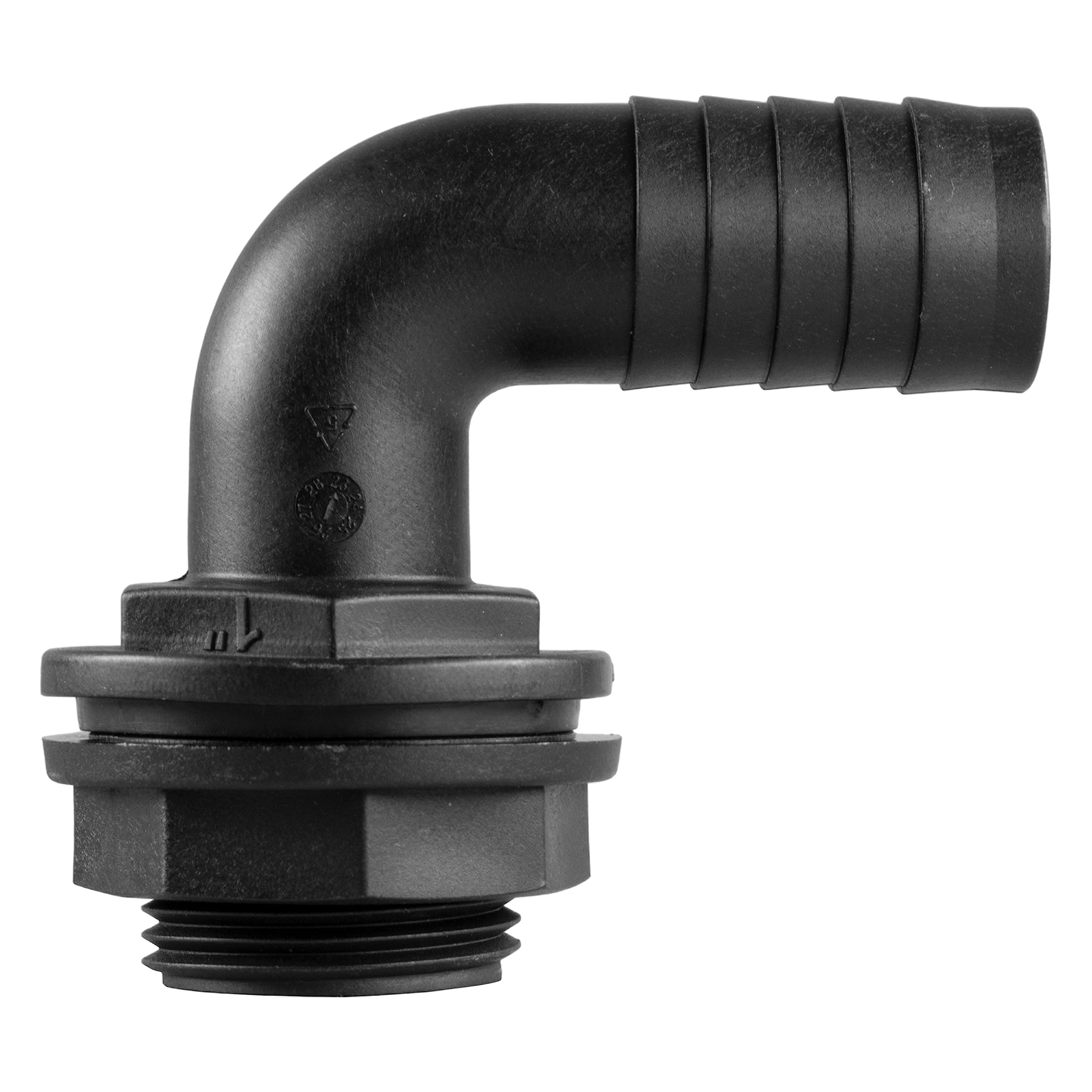 90 Degree Water Tank Overflow Vent, Water Butt Barbed Elbow Outlet with Nut & Washer 1/2" – 2” BSP Hose Sizes, Garden Rain Capture Tank Linking Connector, 1" (25mm) Barb, Thread Fits 33mm Hole