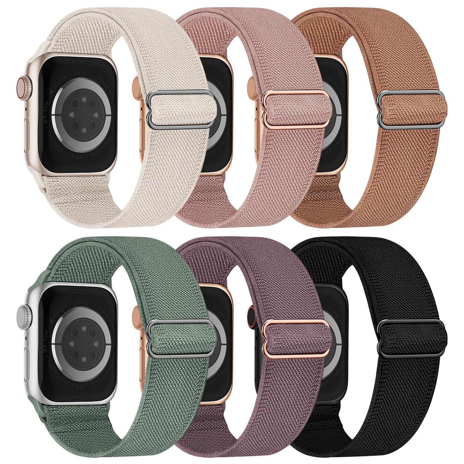 RecoppaStretchy Nylon Solo Loop 6-Pack Compatible with Apple Watch Bands 38mm 40mm 41mm 42mm 44mm 45mm 49mm, Nylon Sport Elastic Wristbands Strap Women Men for iWatch Series 9 8 7 6 5 4 3 2 SE Ultra 2 Ultra