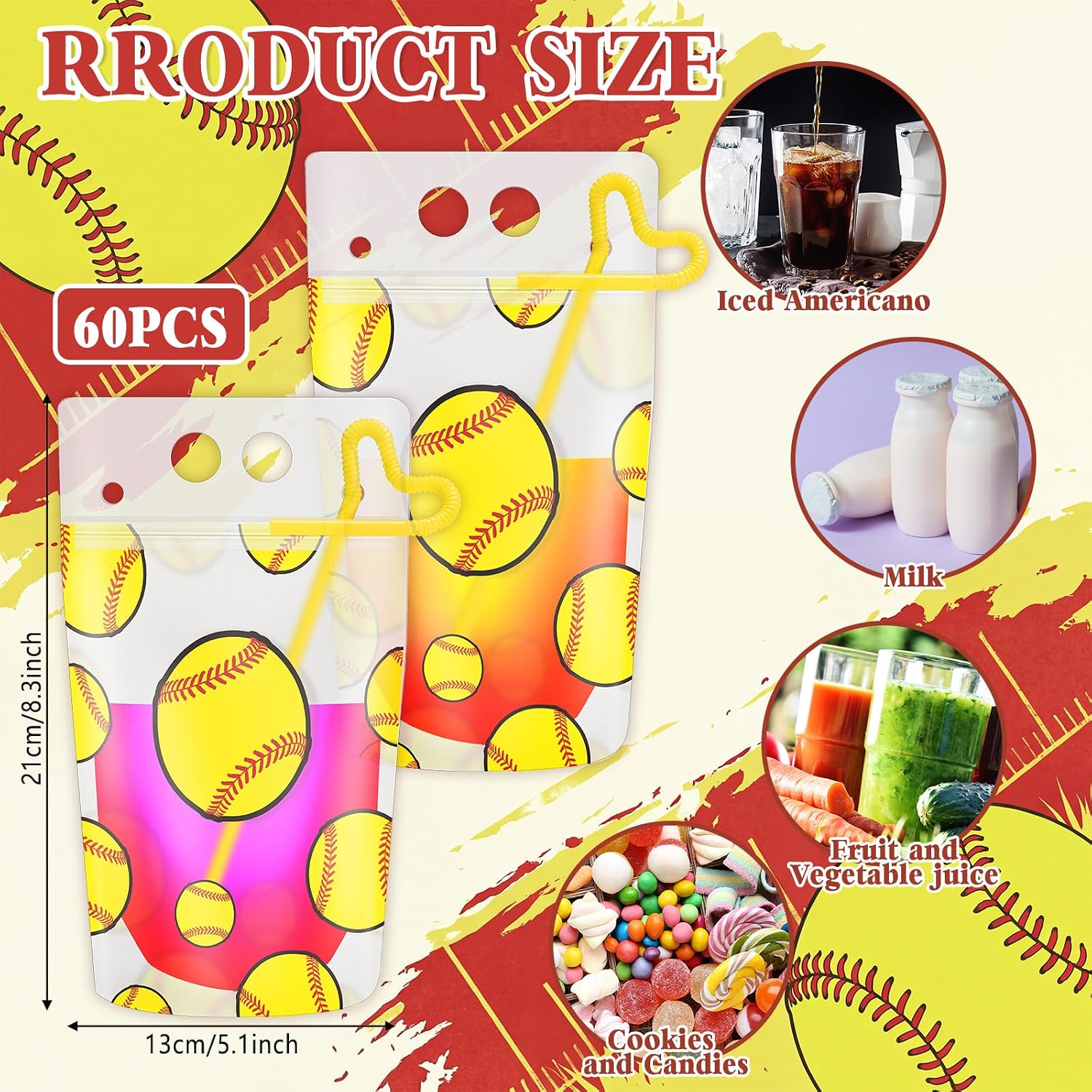 60 Set Softball Sports Drink Pouches with Straws, 12oz Reclosable Stand-up Juice Bags, Reusable Clear Beverage Pouches for Senior Night, Softball Birthday Party Supplies image 4