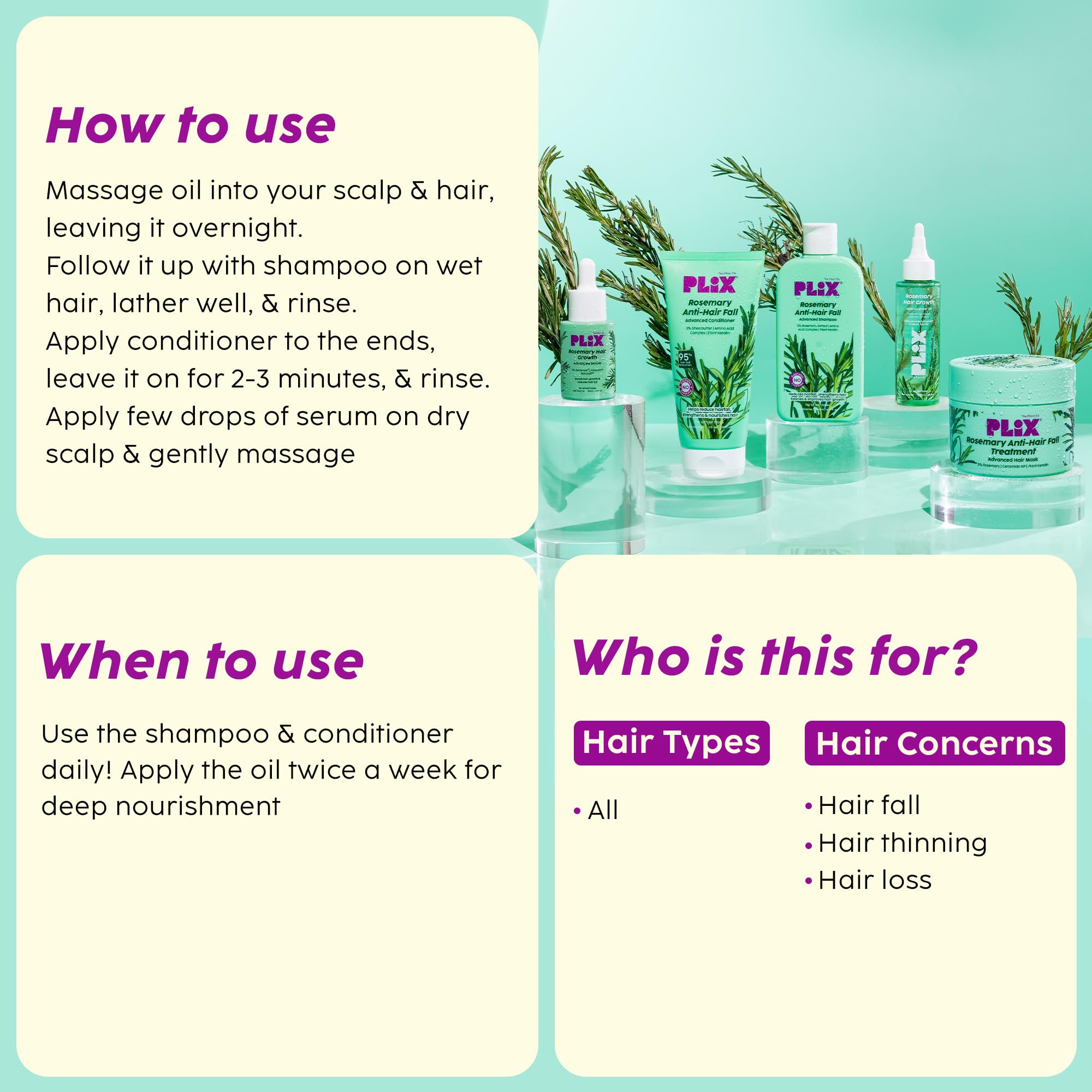 PLIX - THE PLANT FIX | Rosemary Advanced Anti Hairfall Kit with Serum, Shampoo, Conditioner, Hair Mask & Hair Oil | For Hair Thinning, New Hair Growth, Thicker Hair & More Volume | Clinically Tested - Image 3 thumbnail