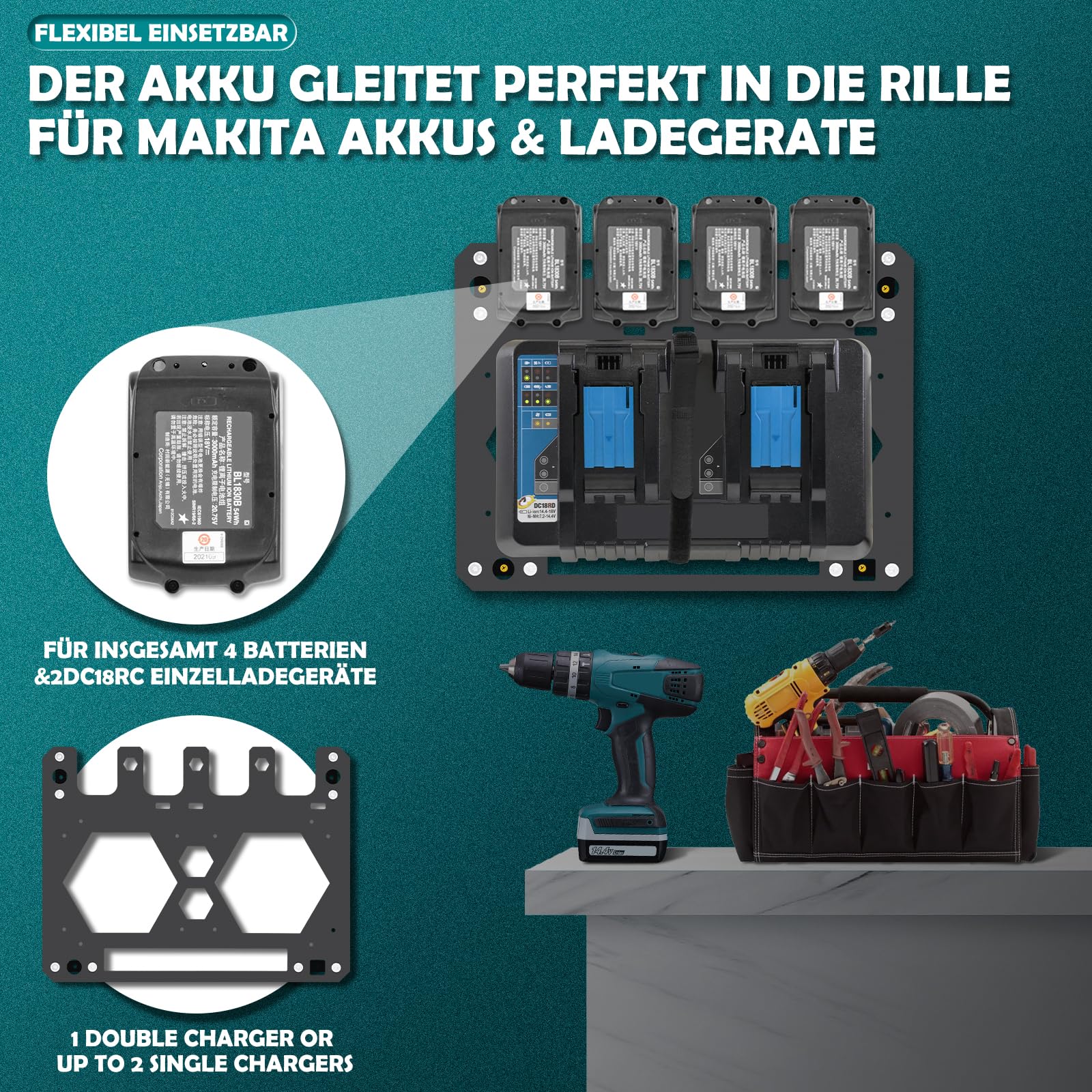 Wandhalterung für Makita Akkus und Ladegeräte – 2 mm Eisen mit Premium Montagematerial, hochwertige Makita Akku Halterung, passend für 4 Akkus (14,4V/18V), DC18RC/DC18RD Ladegeräte & 2 Bohrschrauber