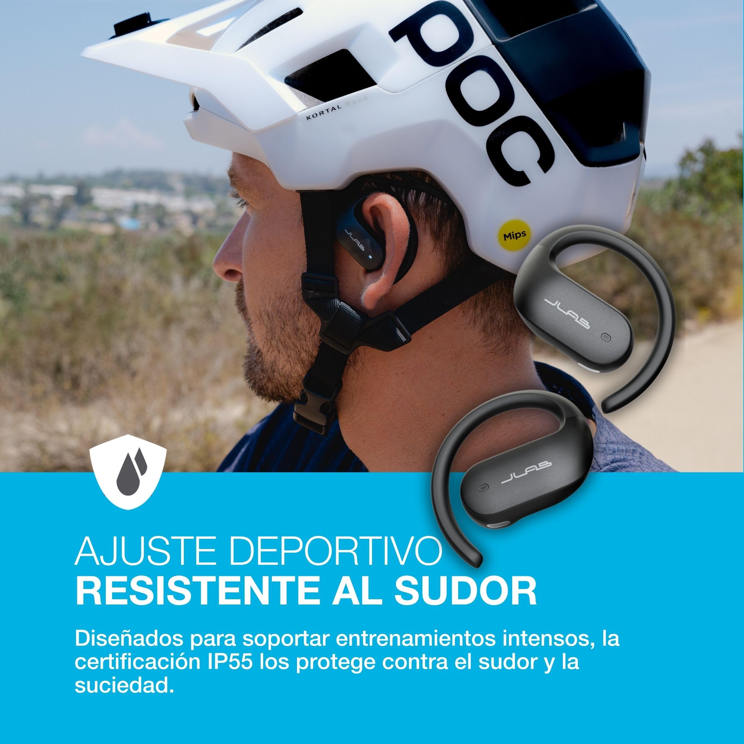 JLab JBuds Open Sport Auriculares Deportivos Inalámbricos - IP55, Negro | Auriculares Open Ear con Ganchos para las Orejas, 26 Horas de Autonomía, Resistencia al Sudor IP55