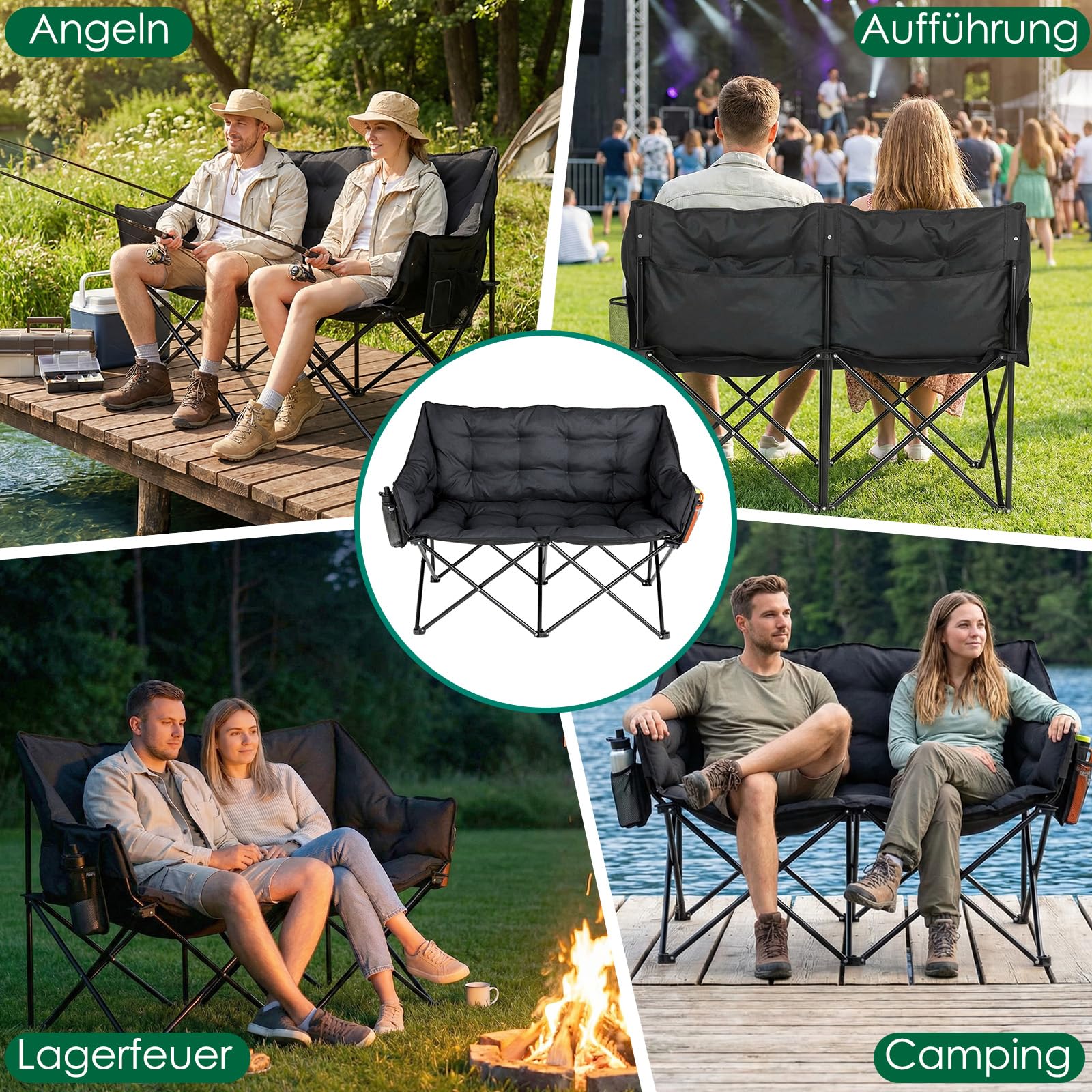 LIFERUN Sedia da Campeggio per 2 Persone, Divano da Campeggio Doppia 320KG, Sedia da Campo Portatile, con Tasca Laterale e posteriore, borsa per il trasporto, per Giardino, Spiaggia, Pesca, Nero