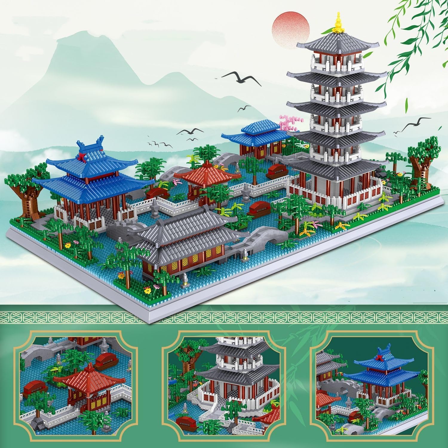 Chinese Architecture Building Blocks Hangzhou The West Lake Mini Building Set China Landscape Architecture Building Model with Pagoda Cherry Blossom Tree Botanical Collection 3630PCS
