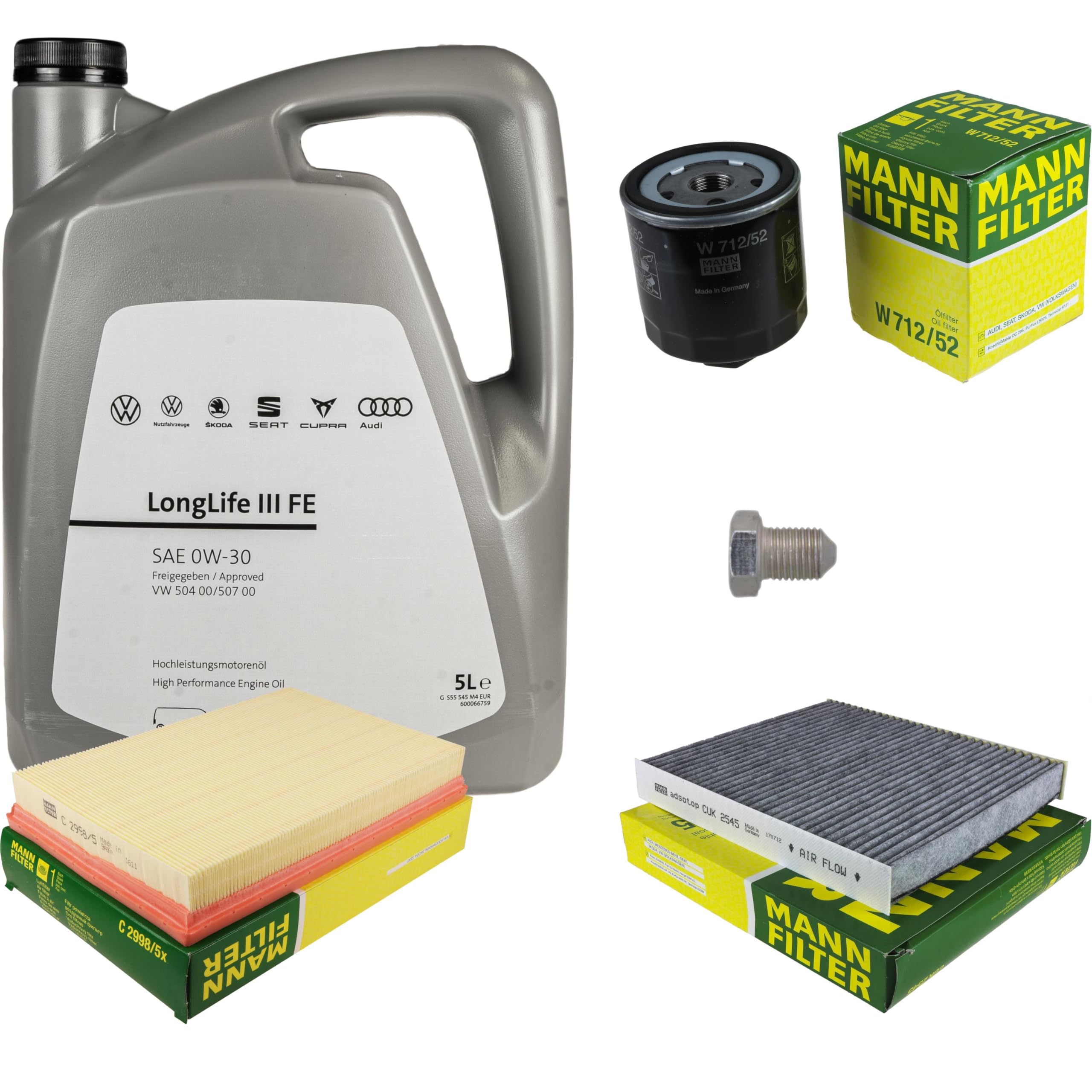 Pacchetto di ispezione pacchetto di manutenzione filtro con 5 l 0W-30 olio motore LongLife 3 FE, filtro dell'olio, filtro dell'aria abitacolo (carbone attivo) vite di scarico dell'olio