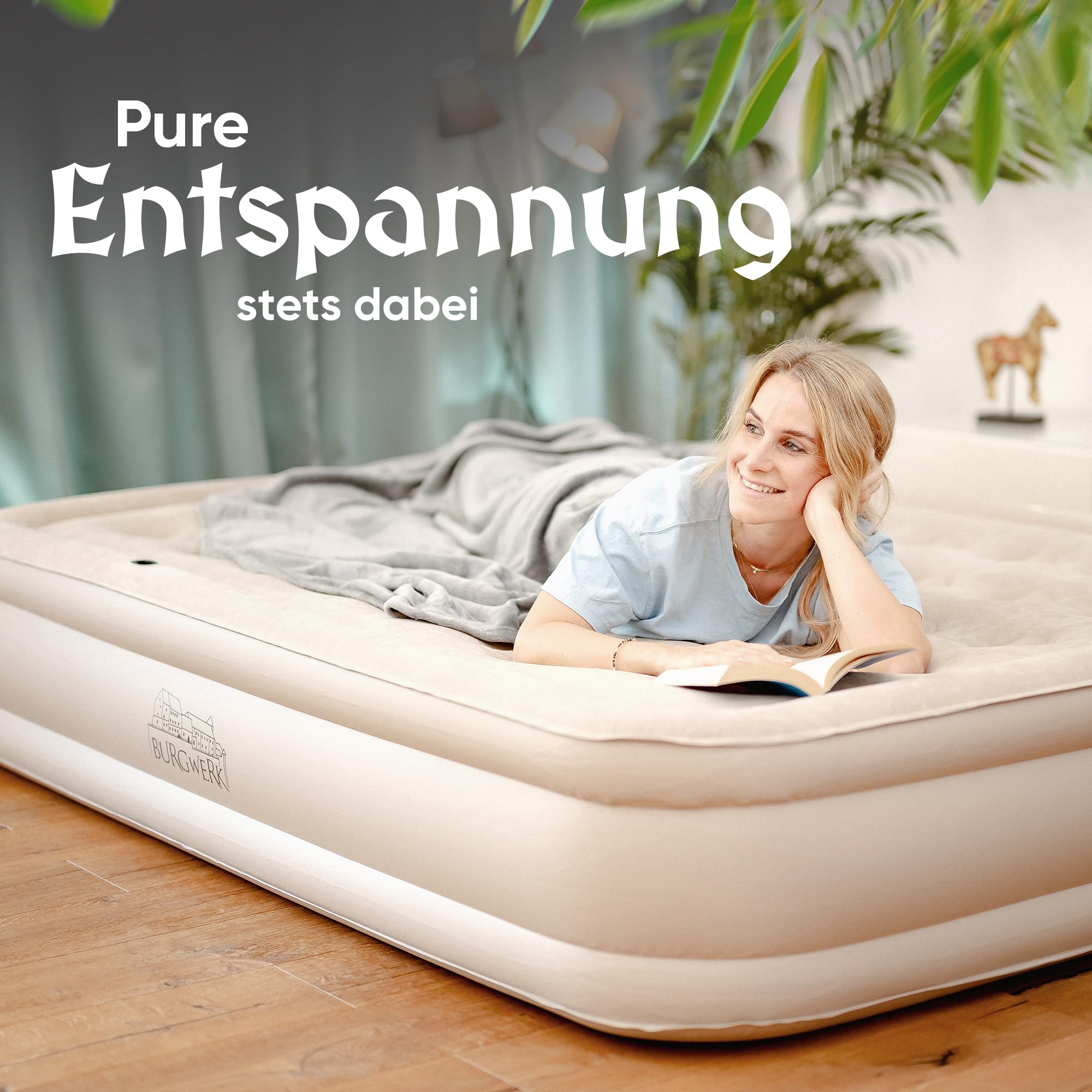 Burgwerk Luftbett für 2 Personen | Edles Gästebett & Campingbett | Aufblasbare Matratze mit Elektropumpe 150x200 | Selbstaufblasende Luftmatratze