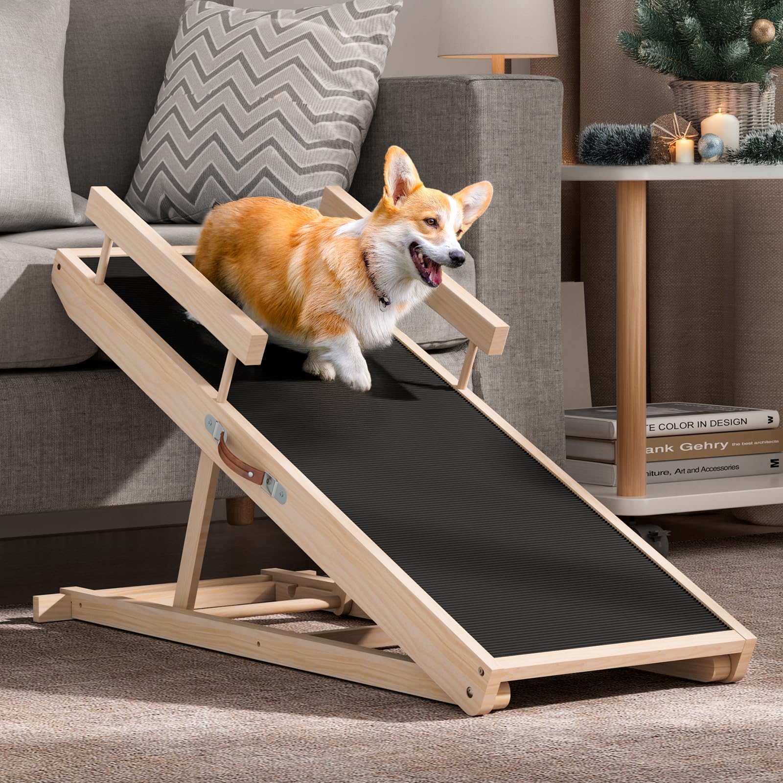 Chuiendi Dog Ramp for Bed, Couch, Car, Folding Pet Ramps 44.48" Long Adjustable 15"-22" Wooden Stairs with Anti-Slip Rubber Mat & Safety Side Rails