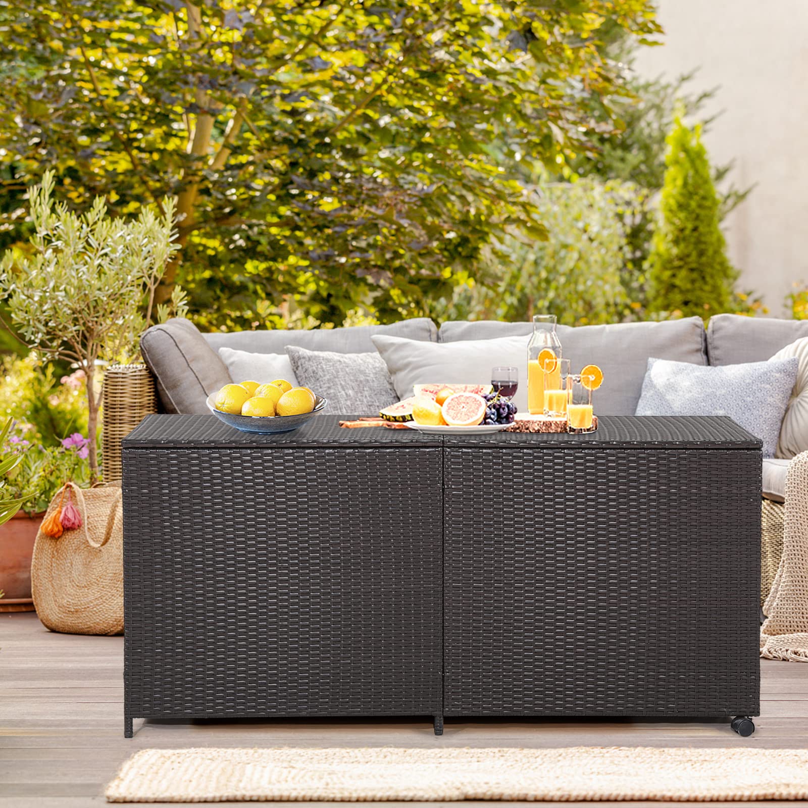 KOMFOTTEU Caja de Almacenamiento de 662 L con Tapa, Baúl de Jardín de Ratán con 2 Ruedas, Arcon Exterior con Asas para Balcón, Terraza, Patio, 150 x 77 x 73 cm