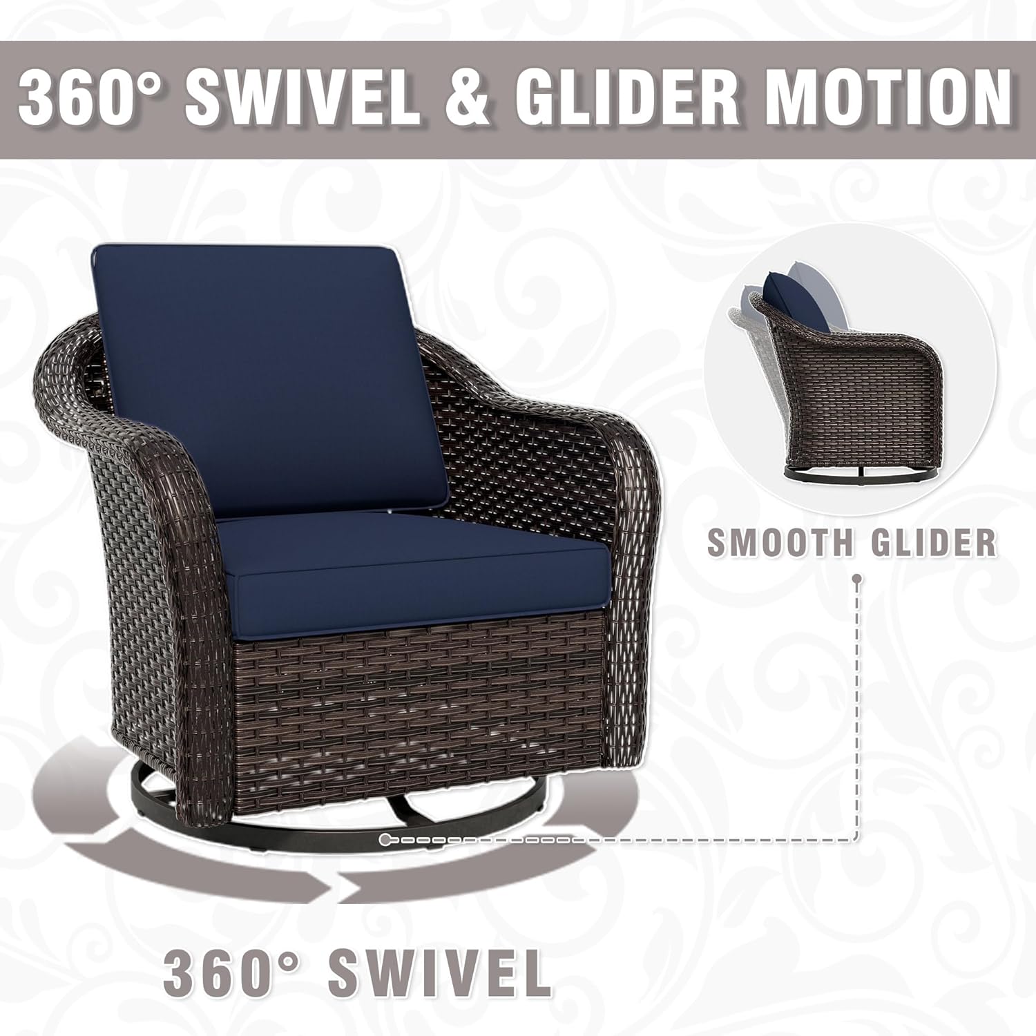 3 Piece Patio Wicker Conversation Set, All-Weather Use Outdoor Wicker Loveseat with 2 PE Rattan 360 Swivel Chair, Ideal for Porch, Backyard, Balcony, Poolside, Blue