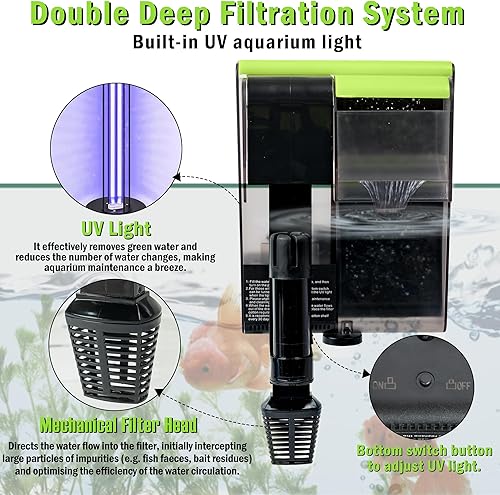 Miniatura 3 de MALLMALL6 Filtro de acuario con luz U-V, carbón activado silencioso para colgar en la parte posterior, filtración de agua para tanque de peces con 2