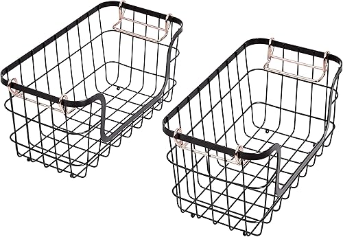 Miniatura 5 de Amazon Basics Juego de cestas de almacenamiento rectangulares apilables de alambre de metal para cocina o baño, 2 unidades, color negro