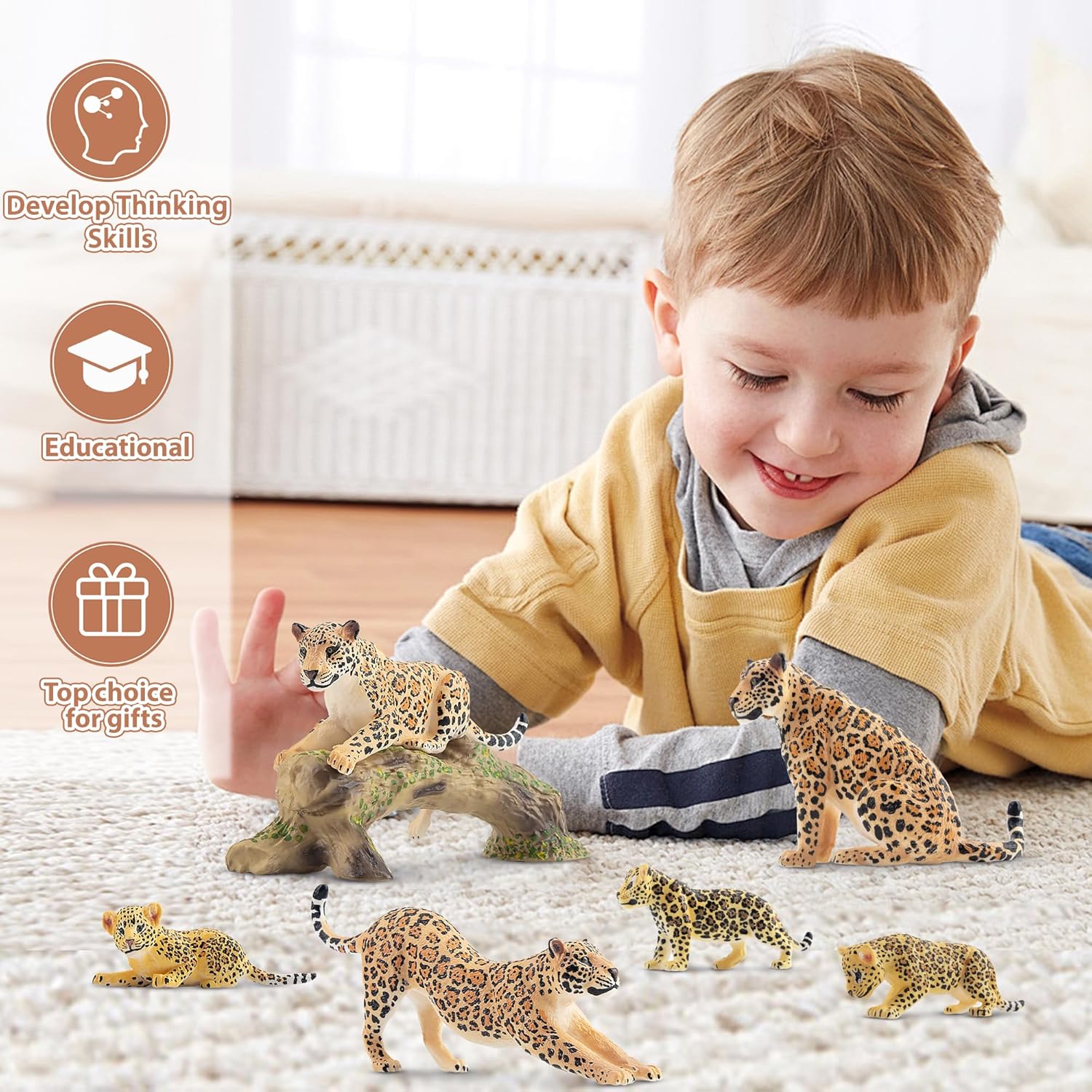 Toymany 7PCS Leopards Figurines with Leopards Cub and Tree Trunk, Realistic Jungle Animals Figures Family Playset, Educational Toy Cake Toppers