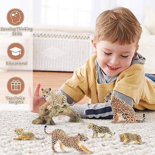 Miniatura 7 de Toymany 4 figuras realistas de leopardo con cachorro de leopardo, figuras de plástico de 2 a 5 pulgadas, juego familiar incluye bebé, juguete