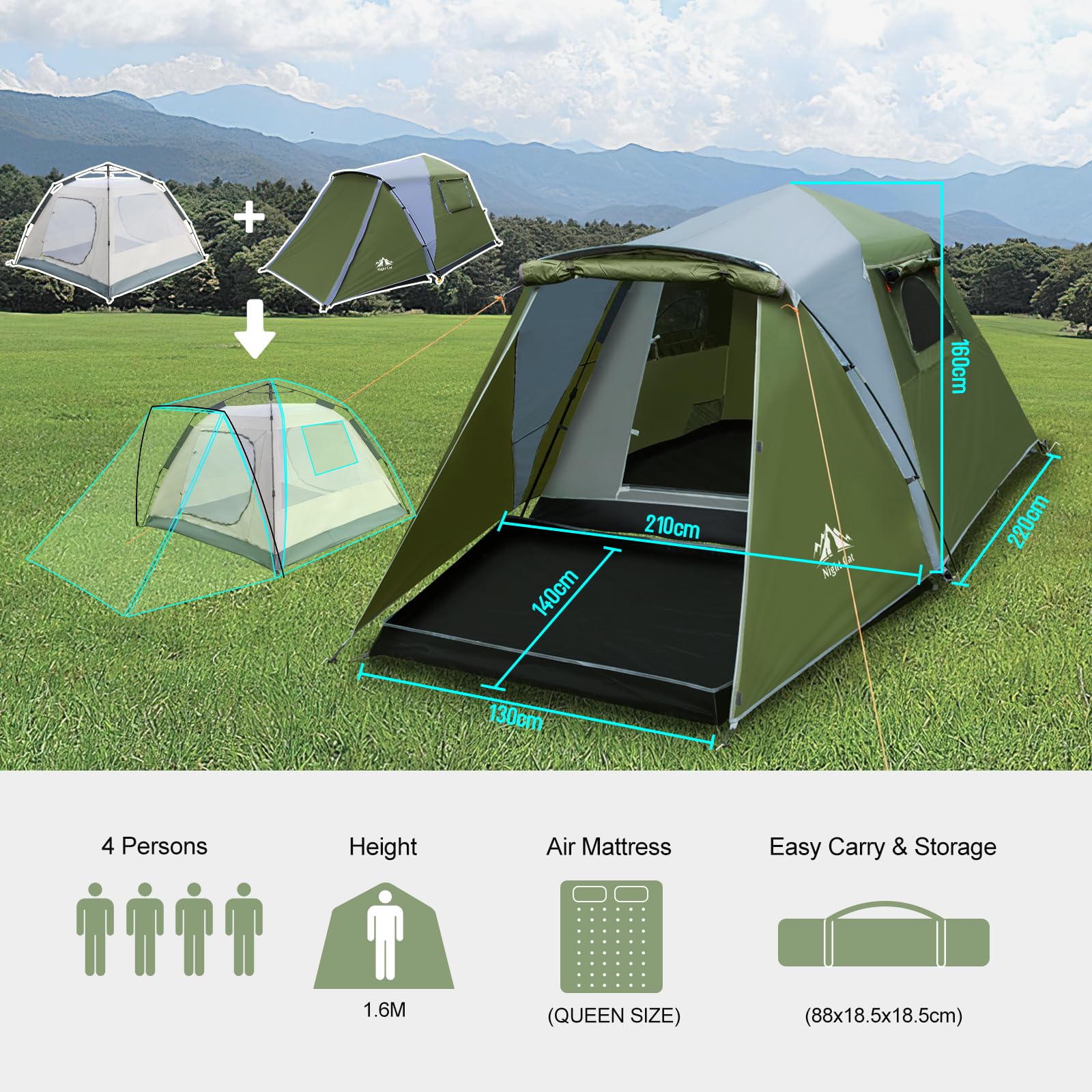 Night Cat Pop Up Zelt Wasserdicht: Wurfzelt for 3 4 Personen Mann Einfache Einstellung für Camping Wandern