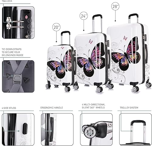 Miniatura 3 de InUSA Imprime equipaje giratorio rígido con asas ergonómicas, maleta de viaje con cuatro ruedas giratorias y tachuelas, Mariposa, Juego de equipaje