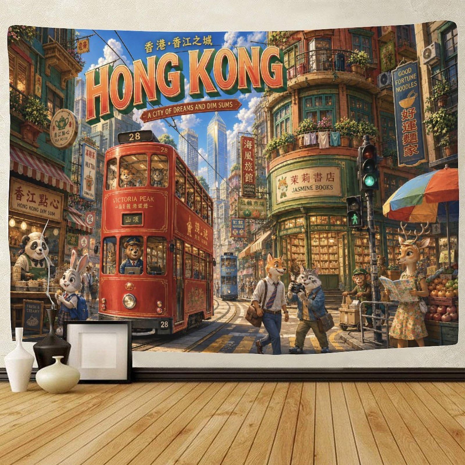 GPMNBCXZK Hong Kong Cityscape 3D Print Tapestry Wall Hanging Decor Wall Art Decor Tapestries Poster Curtain Living Room College Dorm 100cmx150cm