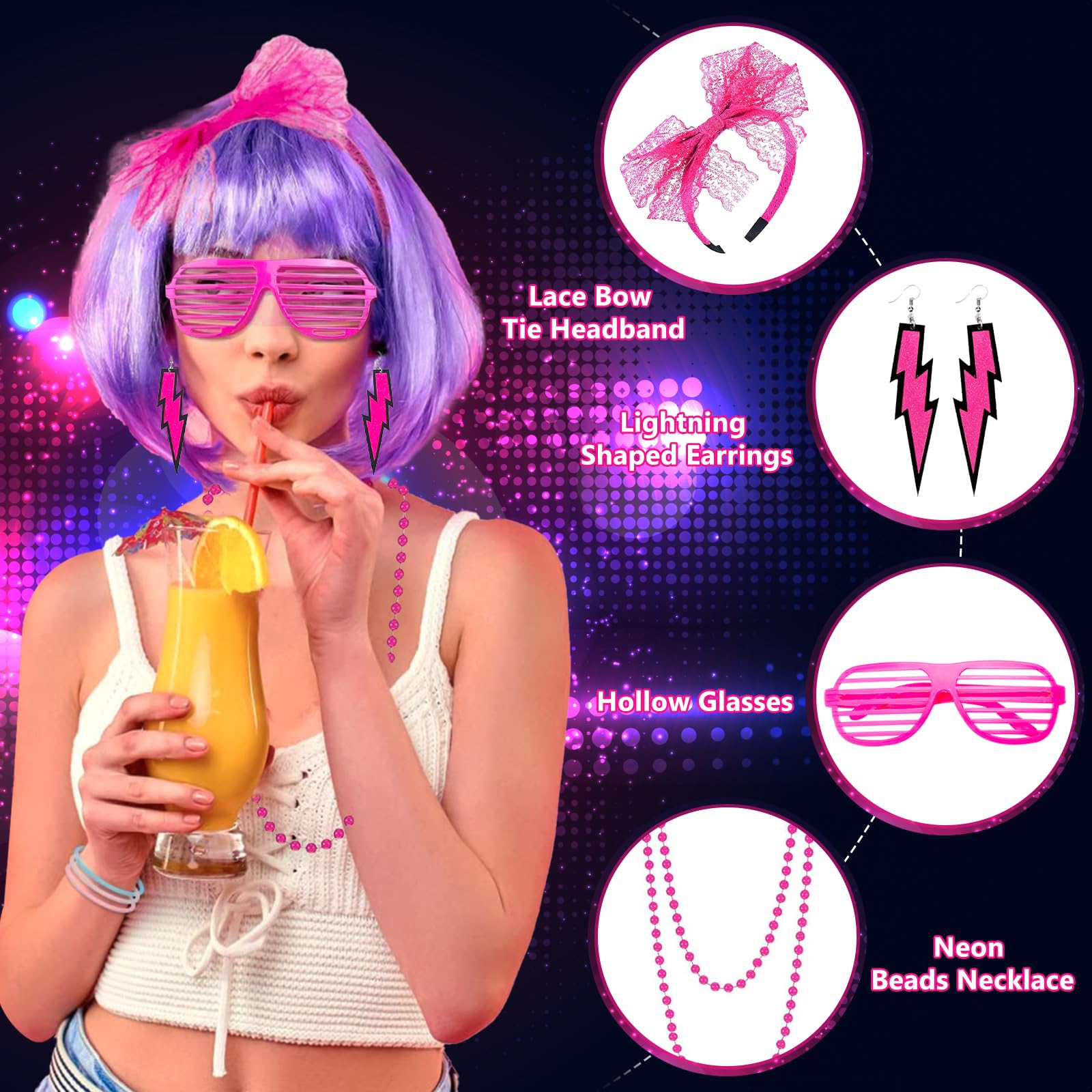 Disfraz Años 80 Mujer, Disfraz Gimnasta Años 80 90 mujer, 26 Accesorios de Disfraz de Los 90, Encaje de Pendientes ​Fishnet Guantes Collar Pulsera Juego de Fiesta de Cosplay Retro