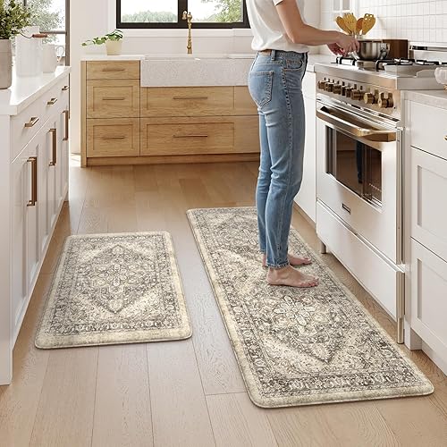 Vista 213 de KIMODE - Juego de 2 tapetes de cocina antifatiga, estilo vintage, antideslizantes, impermeables, ergonómicos, acolchados, cómodos para lavandería