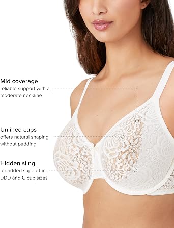 Wacoal Women's Halo Lace Unlined Mid Coverage Underwire Bra, 851205