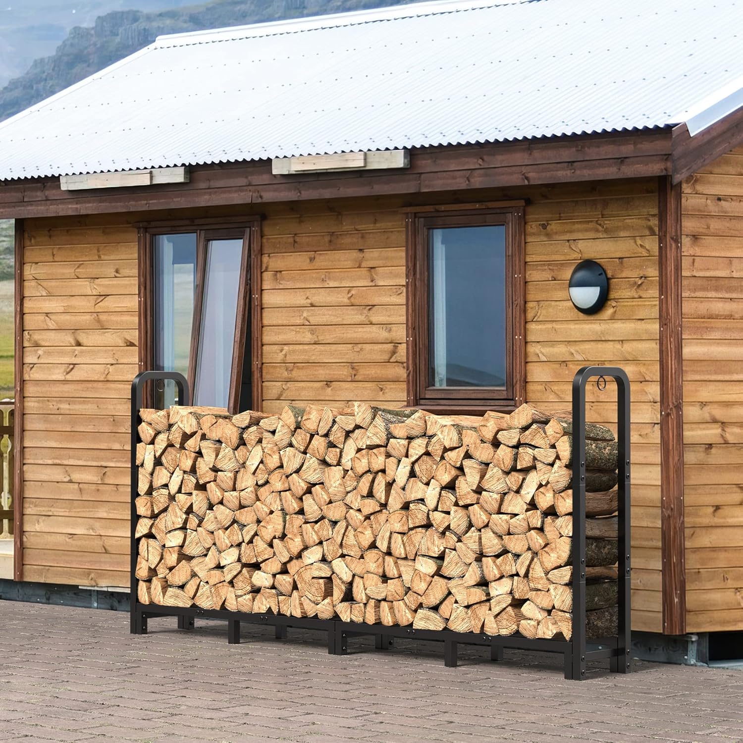 Mr IRONSTONE Firewood Rack Bracket& 8ft Firewood Rack Outdoor Indoor, Upgraded Adjustable Heavy Duty Fire Wood Rack