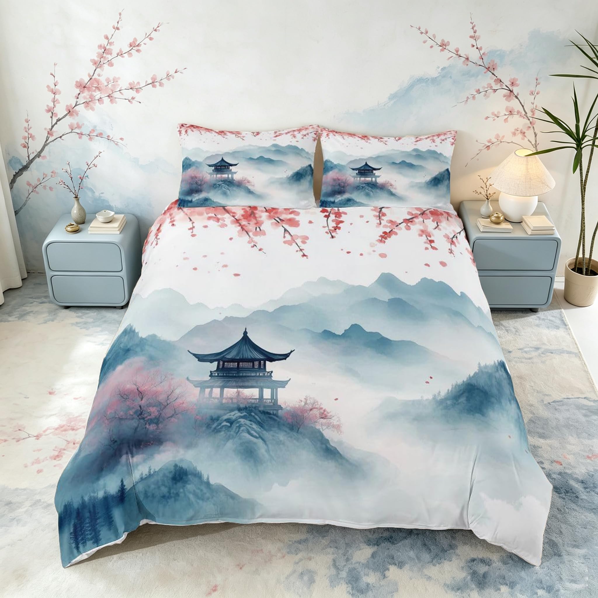 Loussiesd Japanese Ukiyoe Duvet Cover Super King Size Boys Girls Japan Style Bedding Set Breathable Soft Fuji Mountain Decor Comforter Cover 3Pcs Cherry Blossom Bedroom Decor — image 1