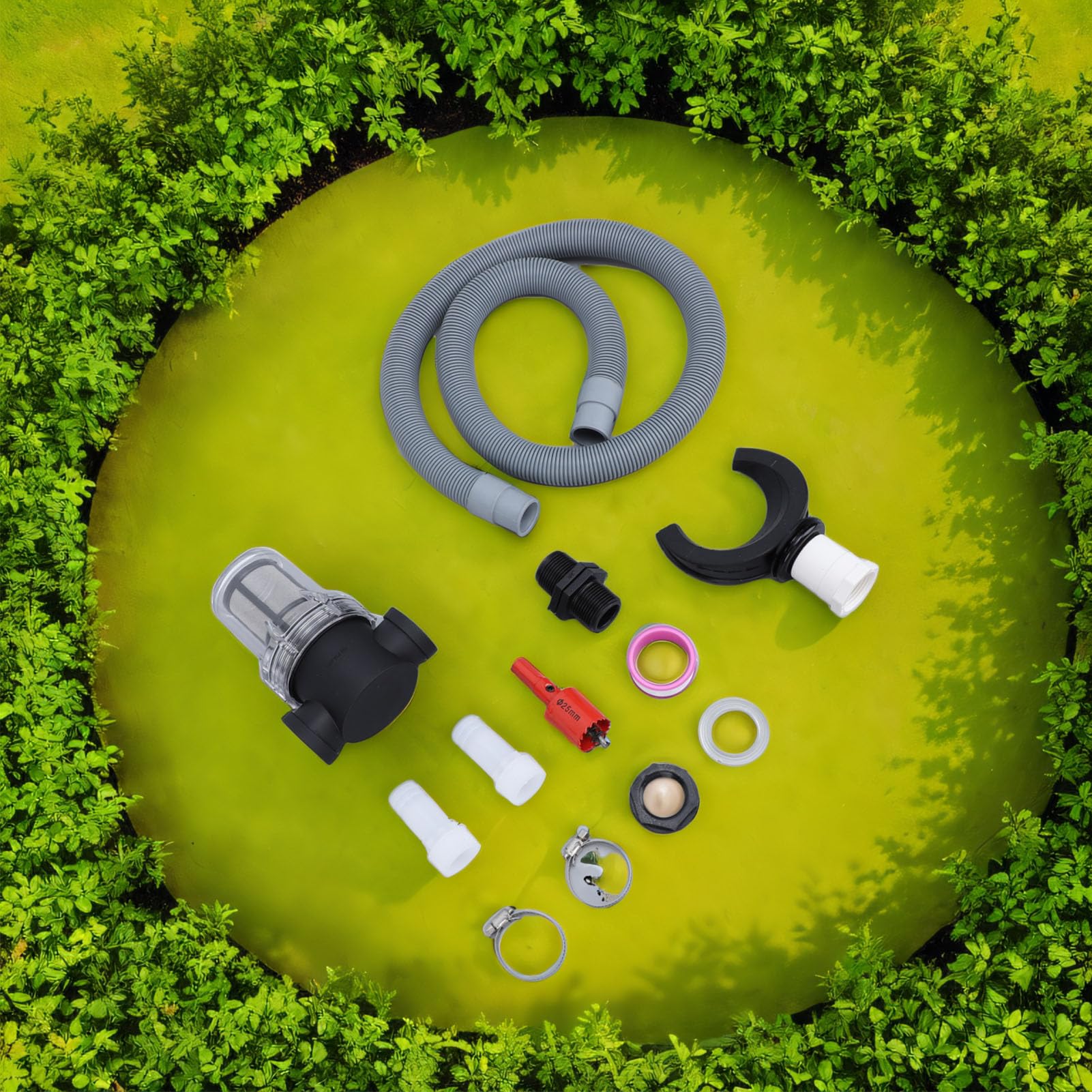 Ejoyous Kit Deviatore a Botte di Pioggia Kit Collettore di Acqua Piovana in Plastica con Filtro Tubo Interno Grande Raccolta dell'Acqua di Scarico Rotondo per Piante da Interno per Prato da