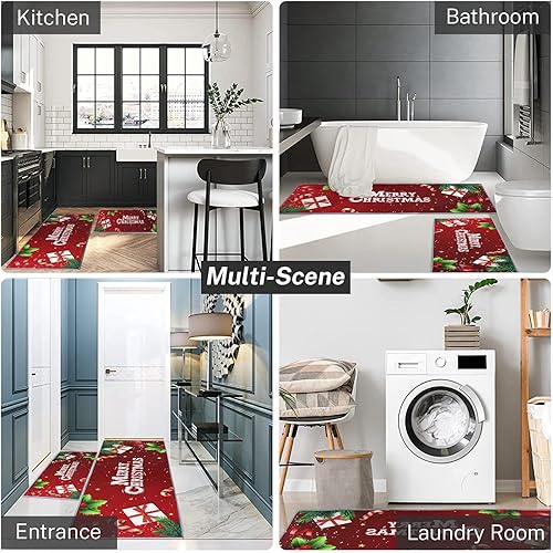 Miniatura 7 de ArtSocket Juego de 2 alfombras y tapetes de cocina antideslizantes, lavables, tapete de camino de cocina con texto en inglés "Merry Christmas",