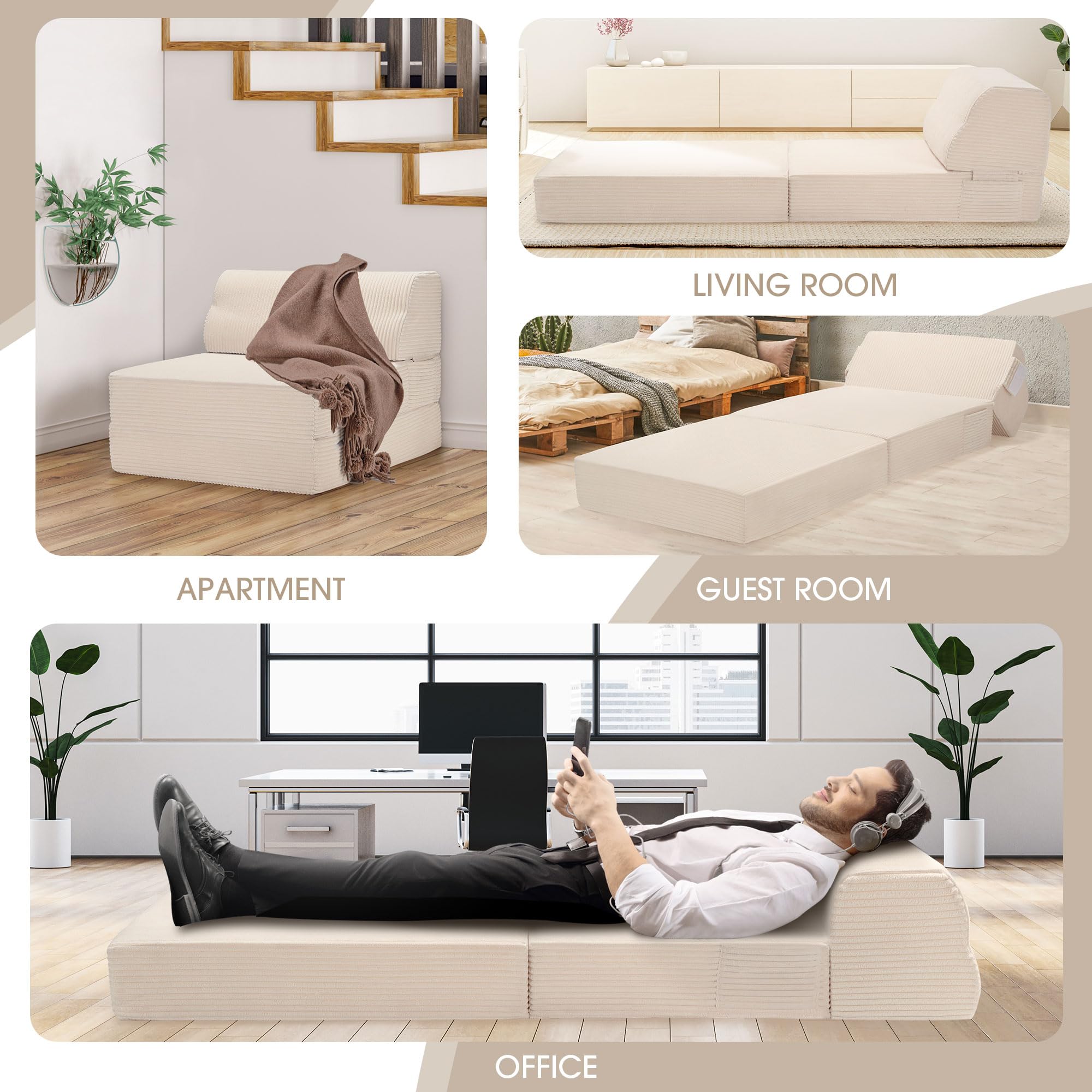 Sofá cama plegable con almohada, silla convertible con funda lavable, silla plegable de espuma viscoelástica, sofá futón para sala de estar, dormitorio, uso de invitados, oficina en casa, 2