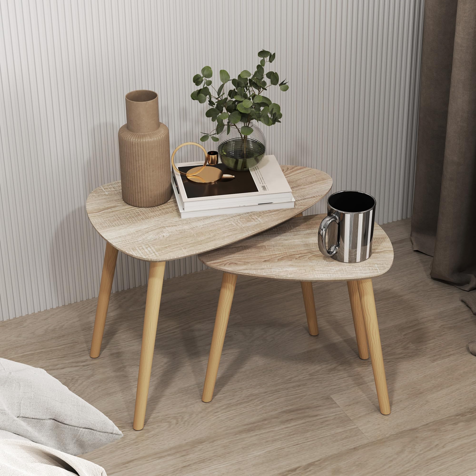 HOMCOM Juego de 2 Mesas de Centro, Mesa Nido Moderna, Mesitas Auxiliares, Patas de Madera de Pino, para Salón, Dormitorio, Oficina, Madera Natural