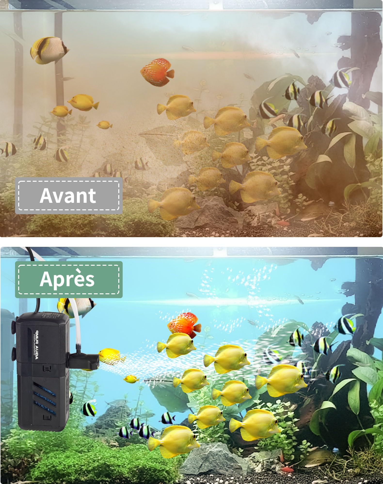 Filtre Intérieur Aquarium 500L/H 6W Pompe Aquarium Réglable à Débit d’Eau Filtre Interne pour Aquarium de 30 à 500L avec Éponges Filtrantes pour Poisson
