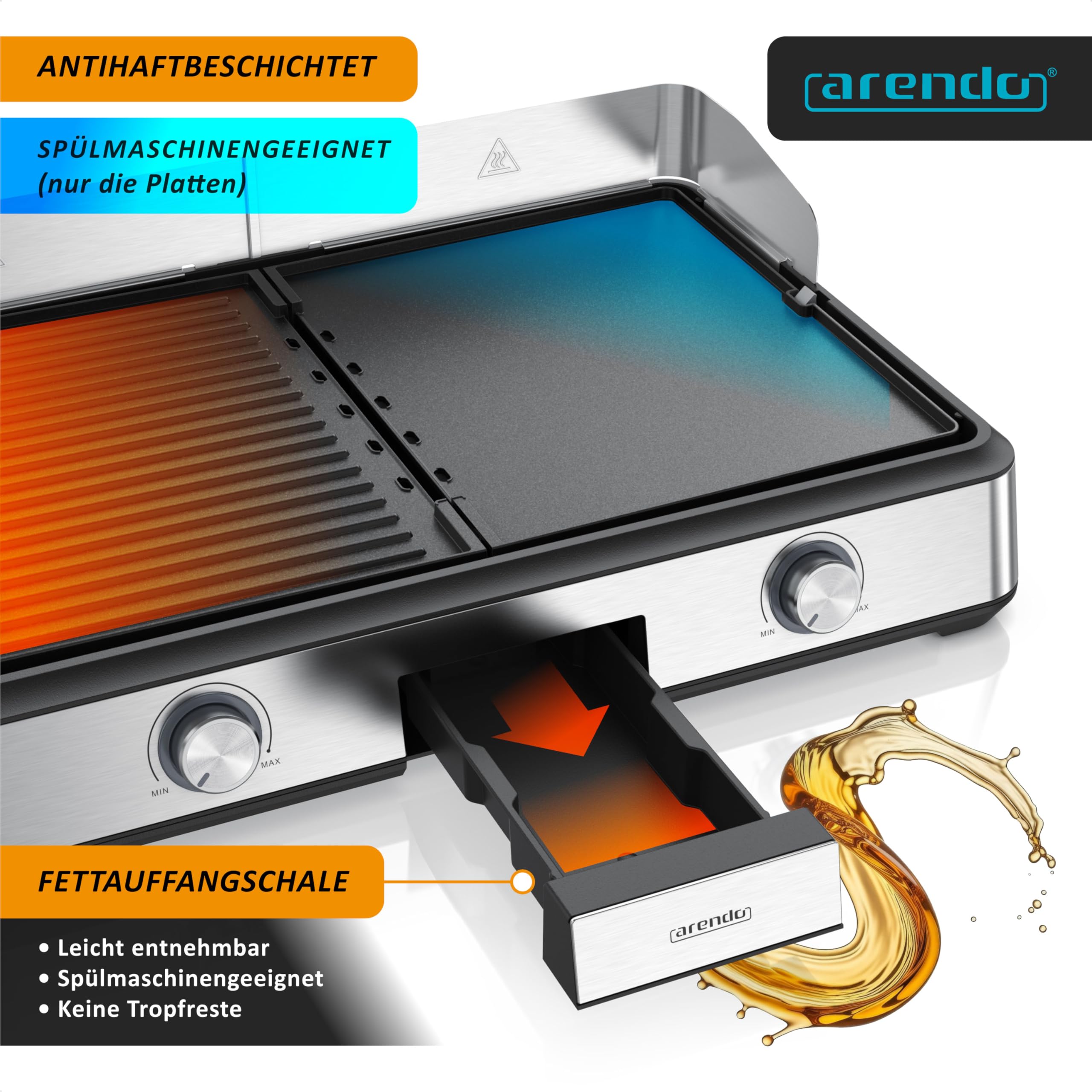 Arendo - Tischgrill elektrisch mit 2 Grillzonen - Electric grill 2 Thermostate - Elektrogrill Edelstahl – 2800W Leistung – Antihaft-Beschichtung –Spritzschutz – Für Balkon Küche Terrasse Garten