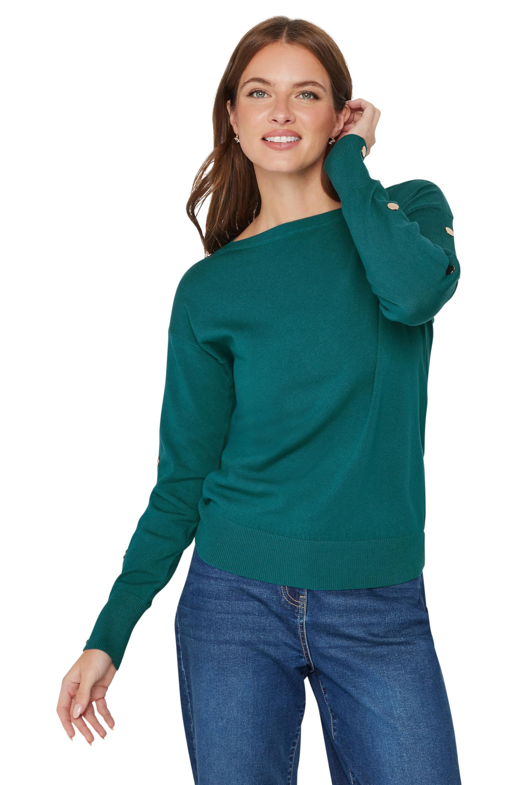 M&Co Women's Green Teal Blue Button Sleeve Detail Jumper