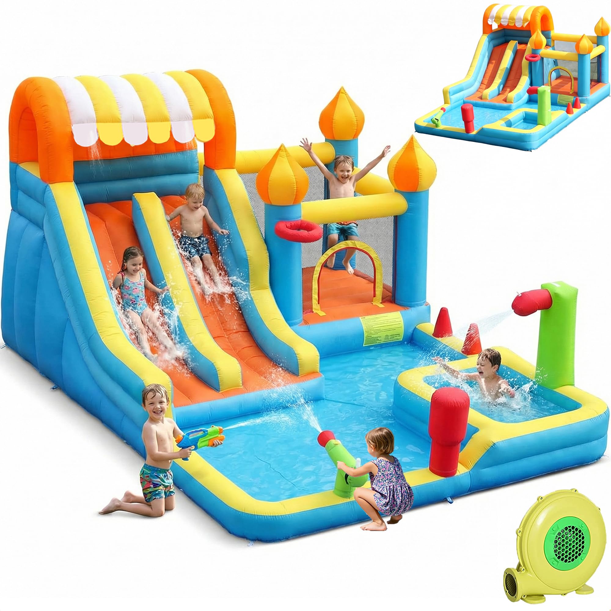 Photo 1 of **dirt**HIJOFUN Inflatable Bounce House for Kids Backyard, Blow Up Water Slides Bouncy Castle for Kids Outdoor with 550W Blower