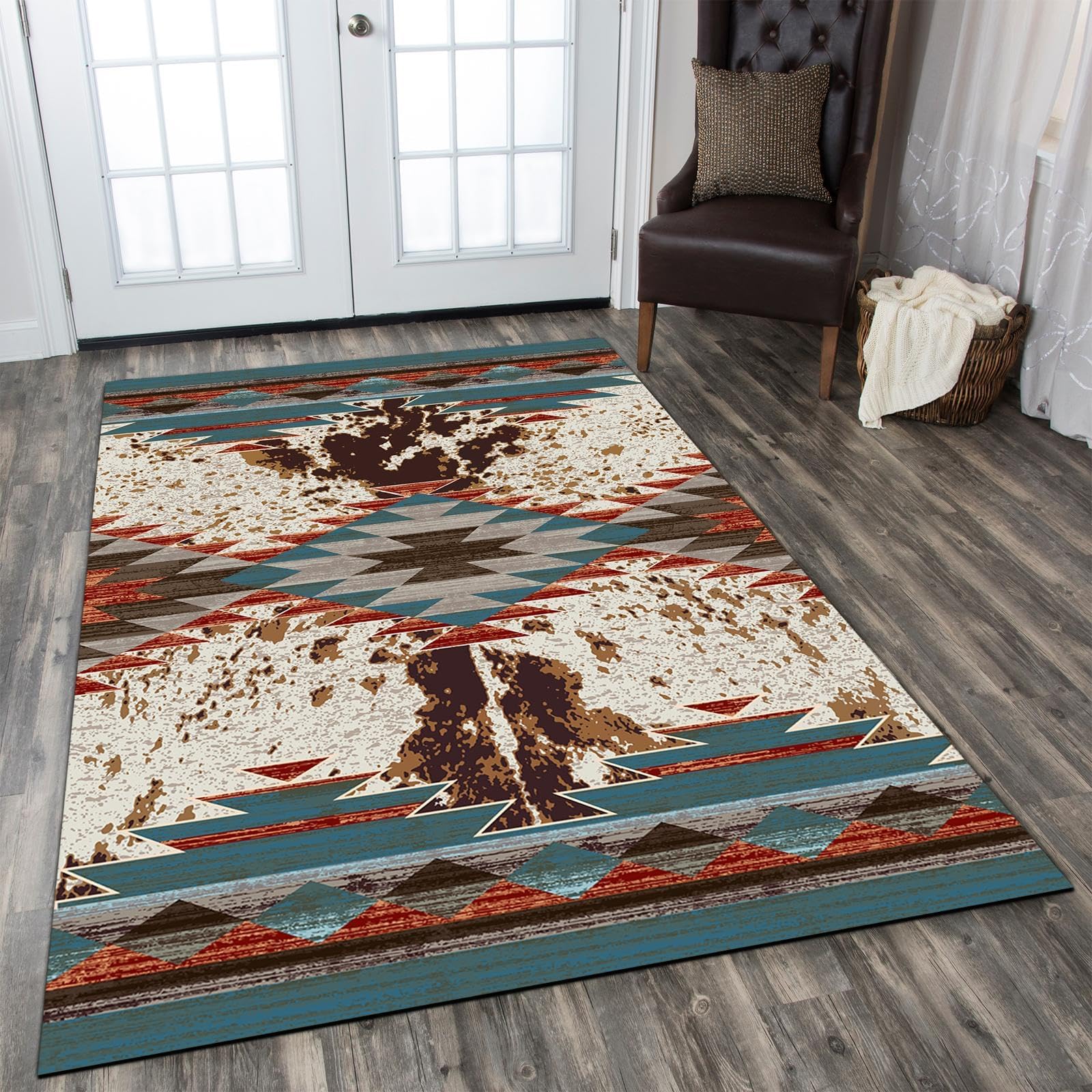 Combo Rustic Western Texas Star 4x6 ft Area Rug for Kitchen Living Room, Bedroom Laundry Room, Washable Non-Slip Low Pile Print Pattern Southwestern, Aztec, Native Tribal American Indian Inspired