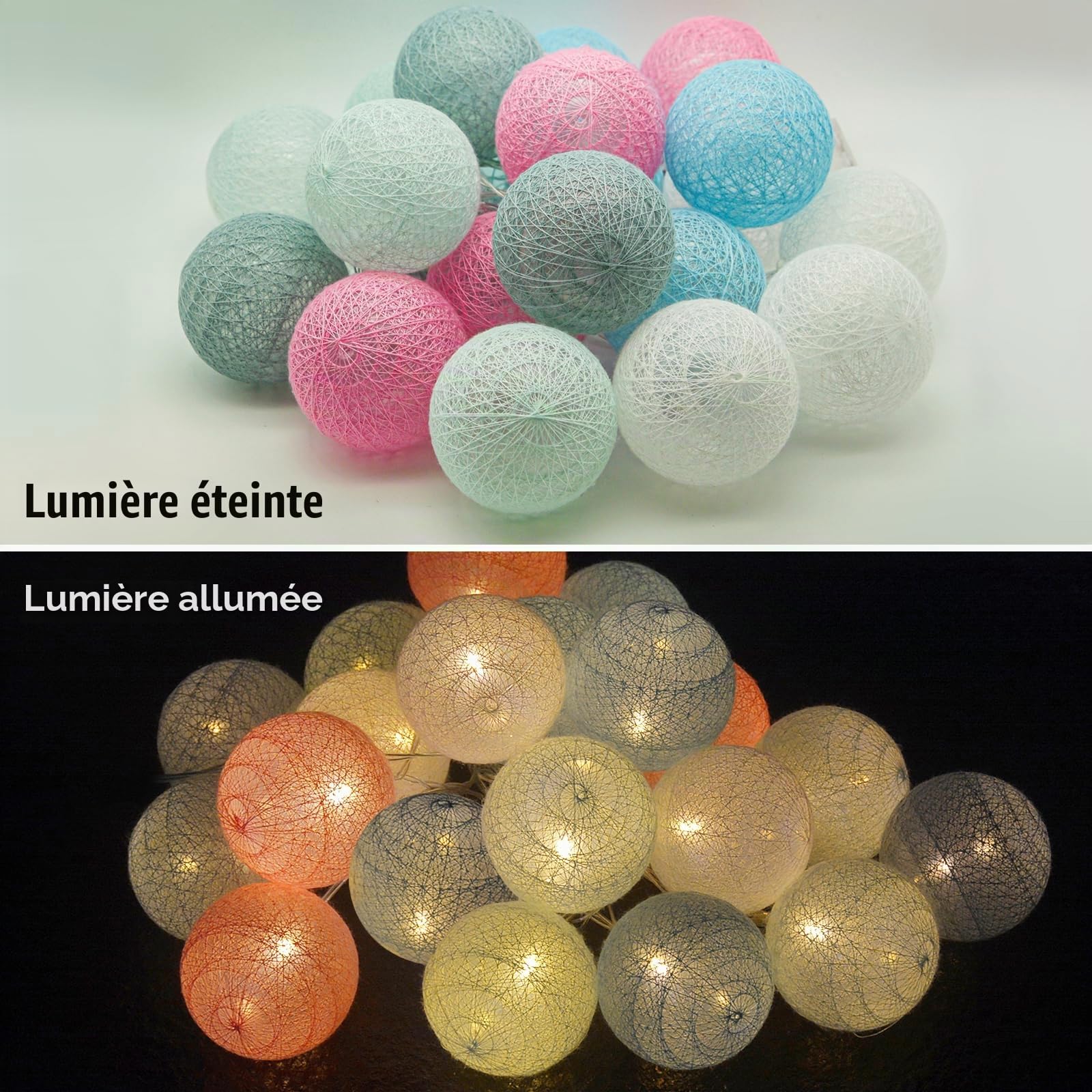 Ciskotu Guirlande Lumineuse Coton Boules Alimenté par pile, 20 LED Dimmable Guirlande Lumineuse Boule avec Télécommande, LED Guirlande Boule Lumineuse Intérieur pour Chambre Enfant Noël Fête (Macaron)
