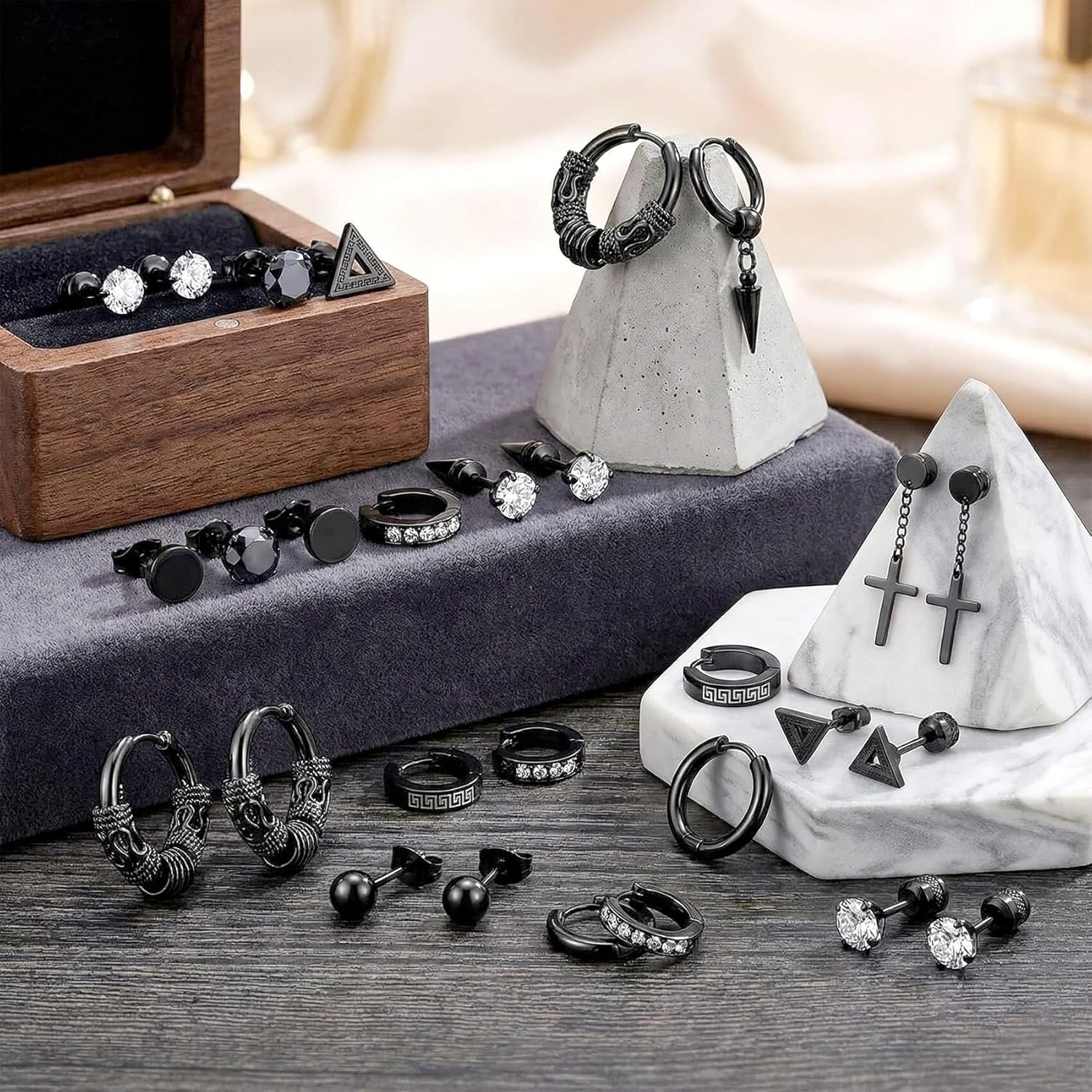 17 Pairs Earrings for Men, Stainless Steel Earrings For Men Sensitive Skin, Fashion Earring Piercing Jewelry Cross Dangle Hoop Earrings Kit Studs Long-lasting Shine thumbnail