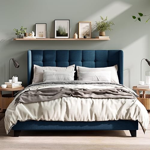 Miniatura 11 de MUTICOR Base de cama tamaño Queen con cabecera de ala, diseño cosido cuadrado, soporte de listones de madera, fácil montaje, gris oscuro Gris