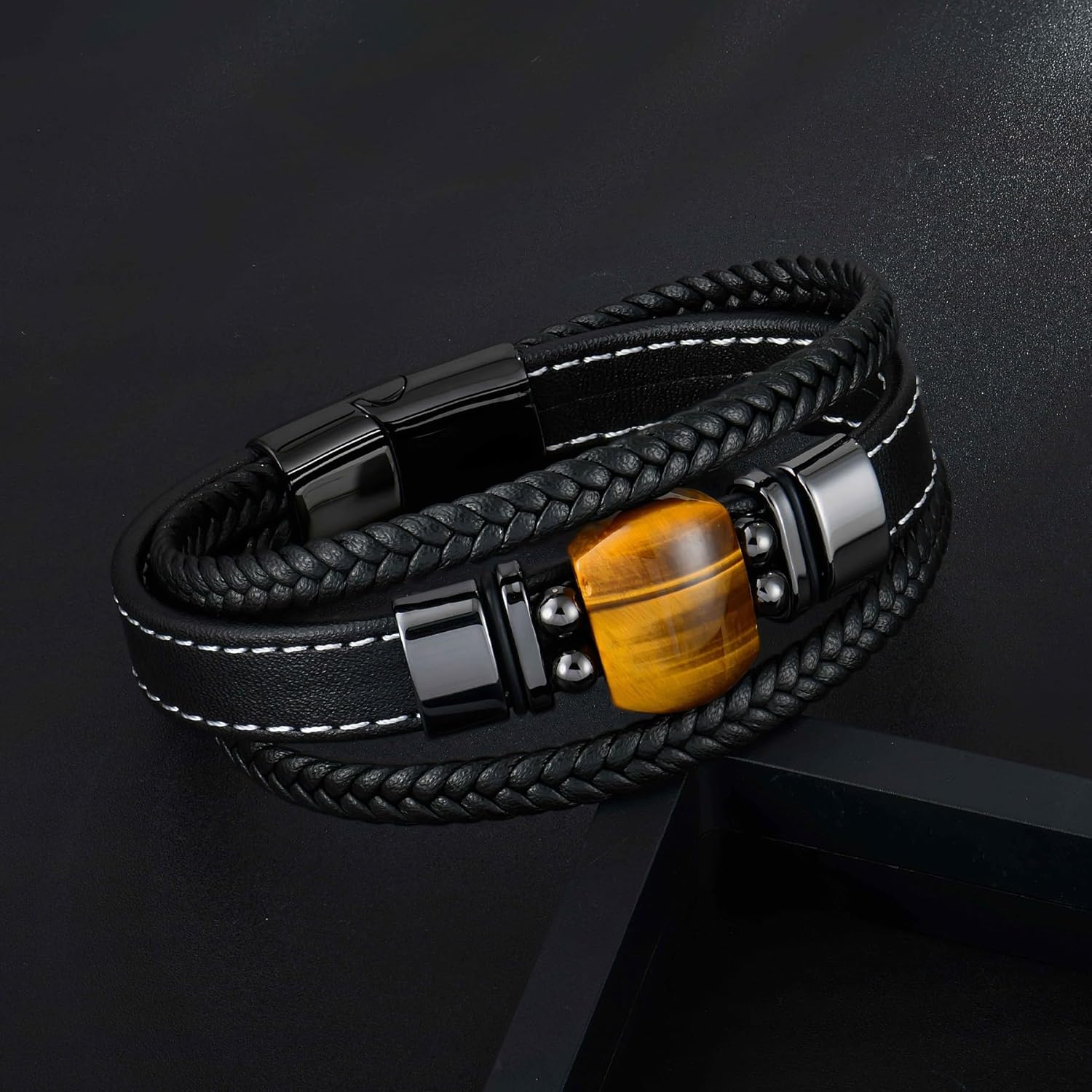 Tiger Eye Leather Bracelet for Men,3 Layer Multi-Layer Braided Leather Bracelet With Natural Tiger Eyes Gemstone 361L Stainless Steel Clasp Cuff Wristband Jewelry for Men Father