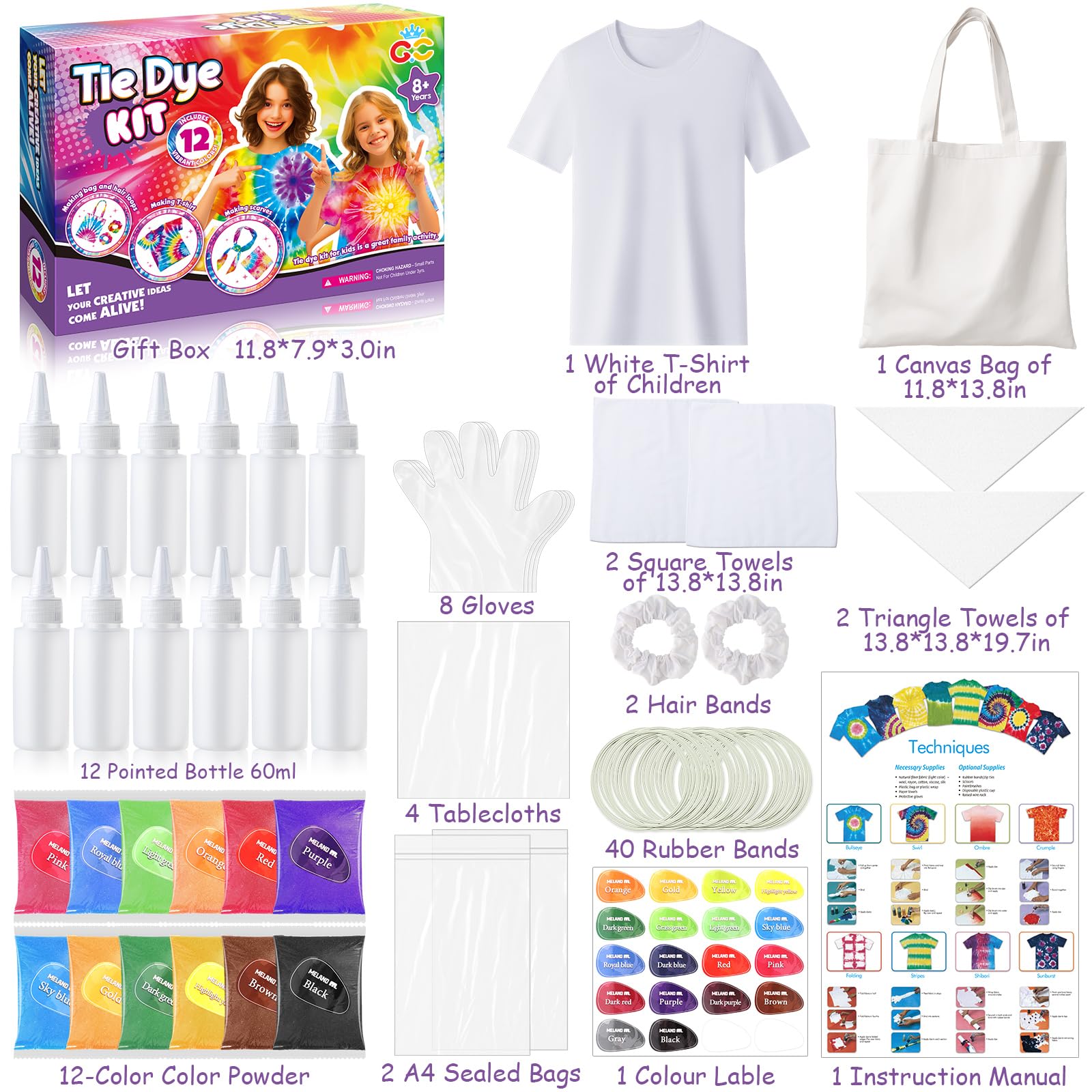 G.C Tie Dye Kit Kids & Adults with White T Shirt Canvas Bag Kerchief 12 Colors Powder - Image 2