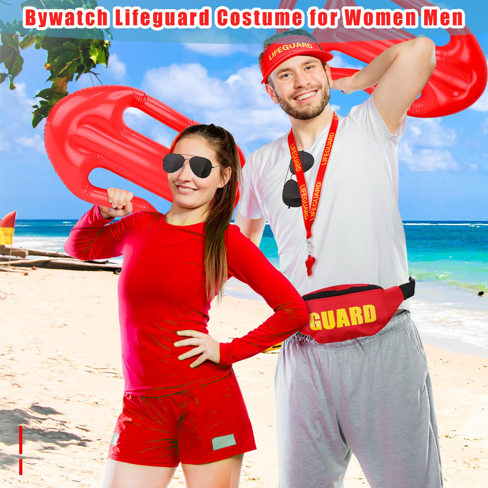 SelfTek Lifeguard Kostüm für Damen und Herren, Rettungsschwimmer Kostüm Set Baywatch Kostüm, Rettungsboje, Zubehör, Rot, Verstellbare Sonnenschutz Hut für Karneval Halloween